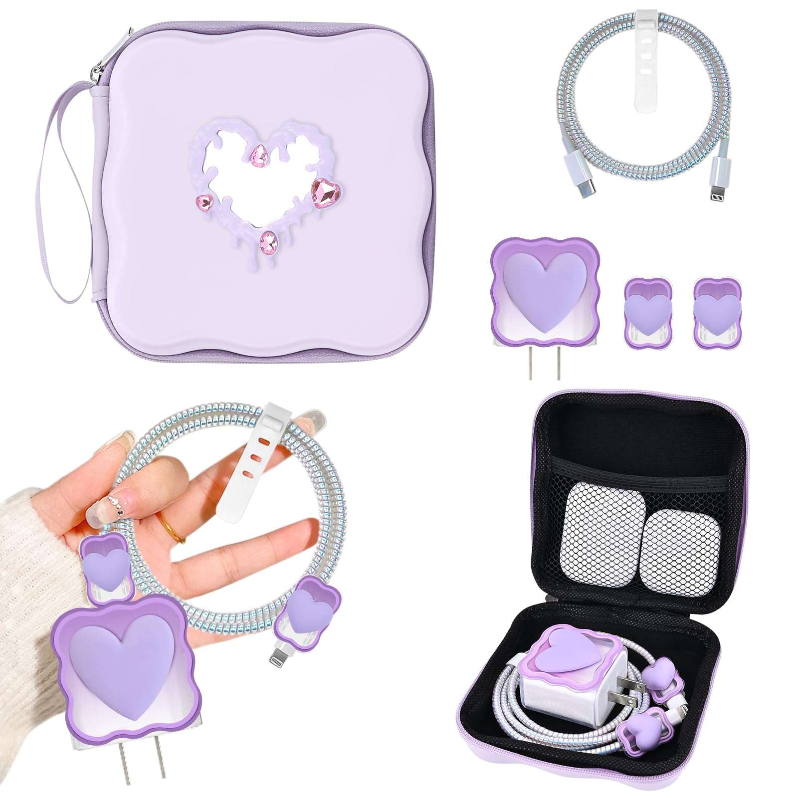 CameCosy Phone Charger Case Storage Set with Cable Protector for iPhone Charger, Heart-Shaped Mirror Design, Wave Travel Storage Bag, Earphone Wire Saver Cable Organizer Soft Cable Protector (Purple)