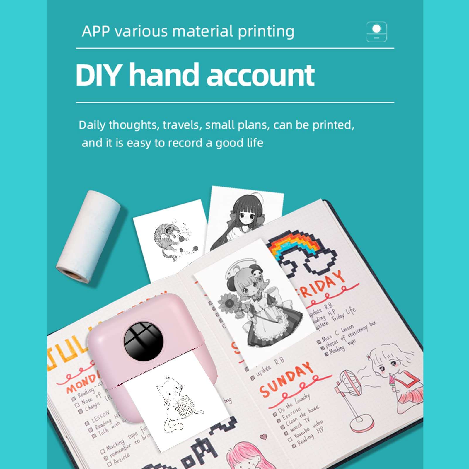 Wennzy X5 Thermal Photo Printer Pocket Label Maker 200dpi Wireless Receipt Printer for Work Plan Memo Study Notes Lists Journal Printing Compatible with Android iOS Smartphone 3