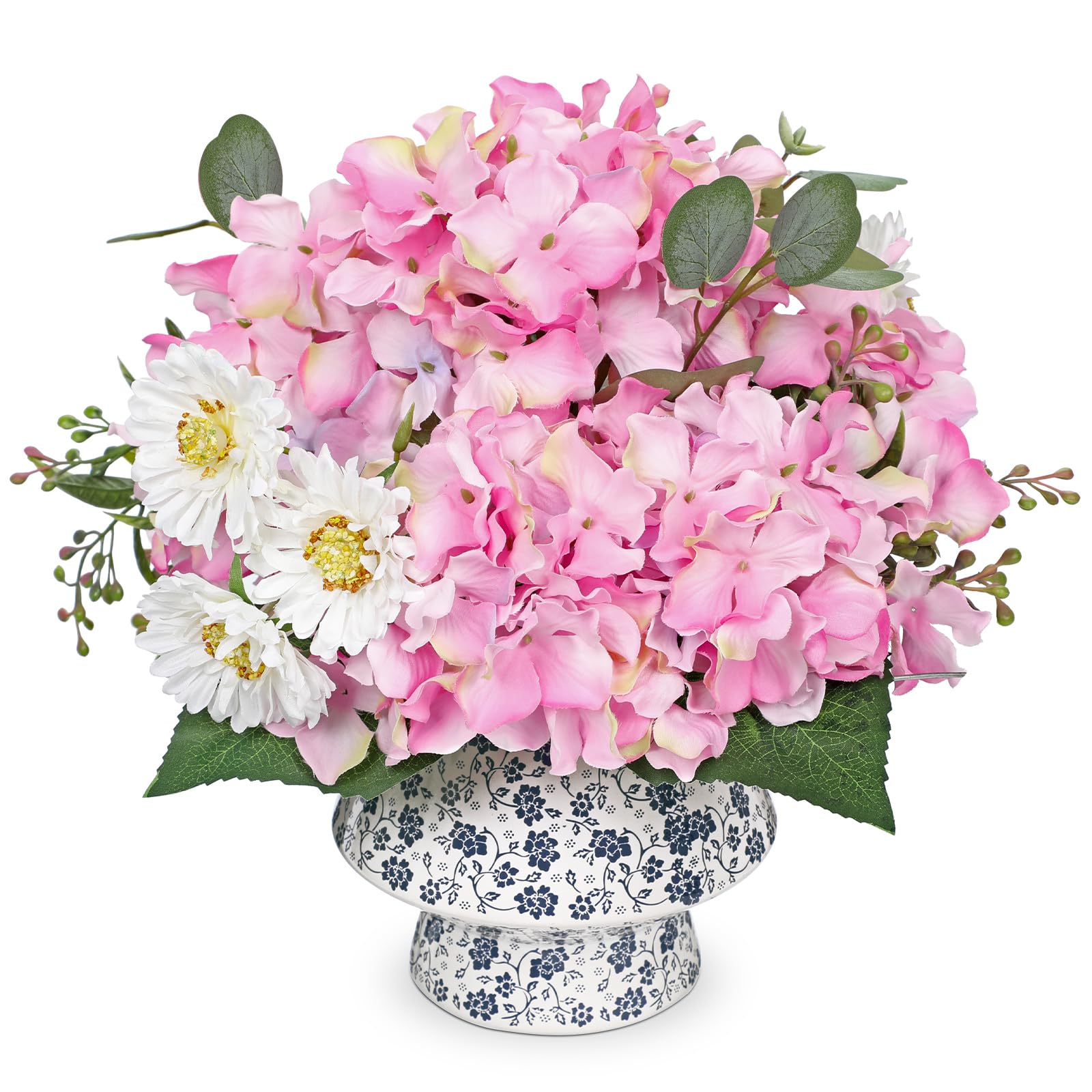 Briful Hydrangea Artificial Flowers Mixed Daisy Eucalyptus Leaf Berries Fake Flowers, Large Blue and White Ceramic Vase Realistic Silk Flowers Bouquet for Home Decor Wedding Farmhouse, Pink Purple