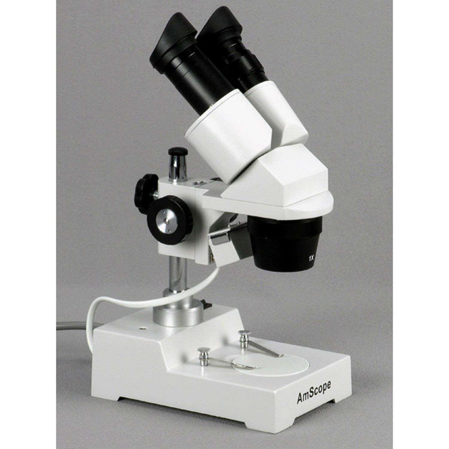 AmScope SE303-P Binocular Stereo Microscope, WF10x Eyepieces, 10X and 30X Magnification, 1X and 3X Objectives, Tungsten Lighting, Reversible Black/White Stage Plate, Pillar Stand, 110V 6
