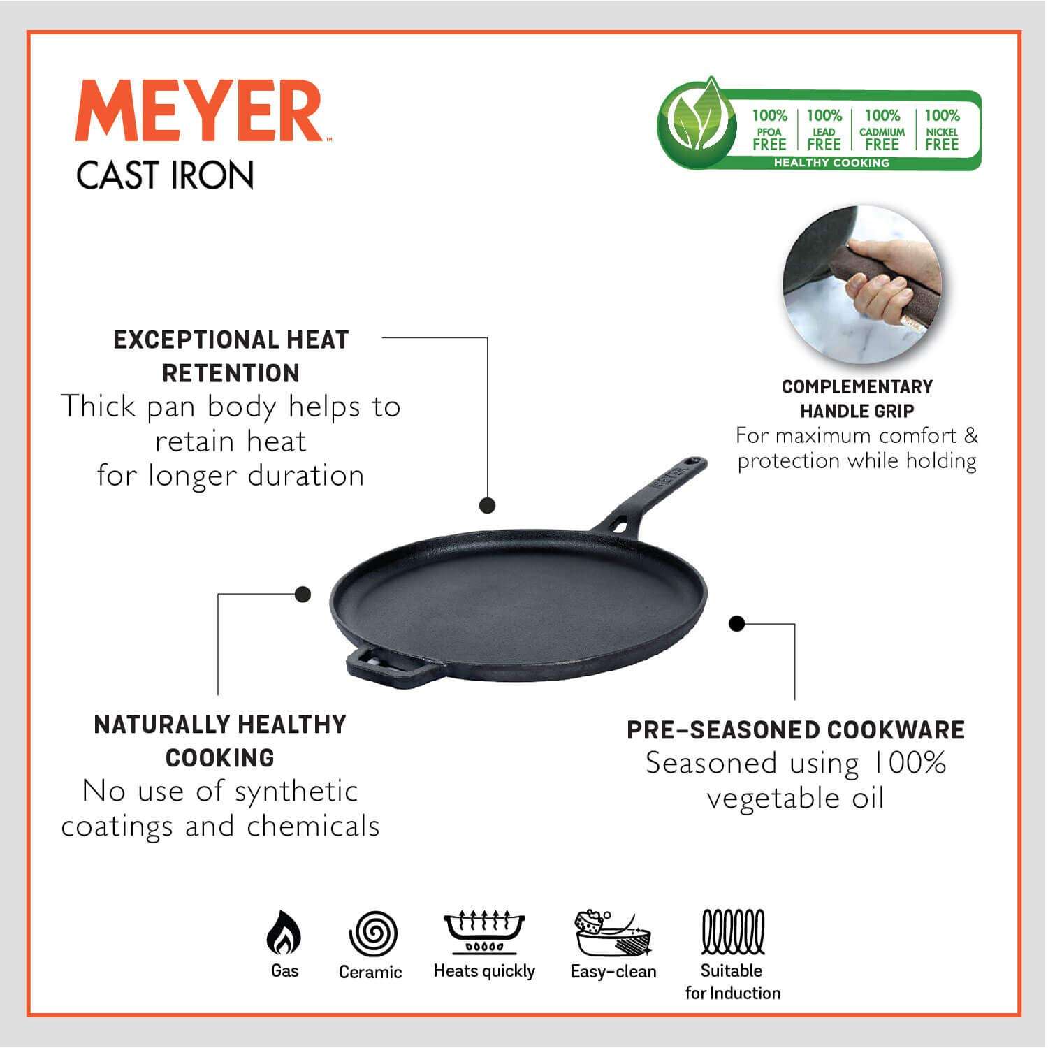 Meyer Pre-Seasoned Cast Iron 2 Piece Cookware Set - 25cm Grill pan + 28cm Flat Dosa Tawa | Iron Utensils for Cooking | Induction Cast Iron Combo | Cookware Set Combo Offer for Kitchen, Black 6