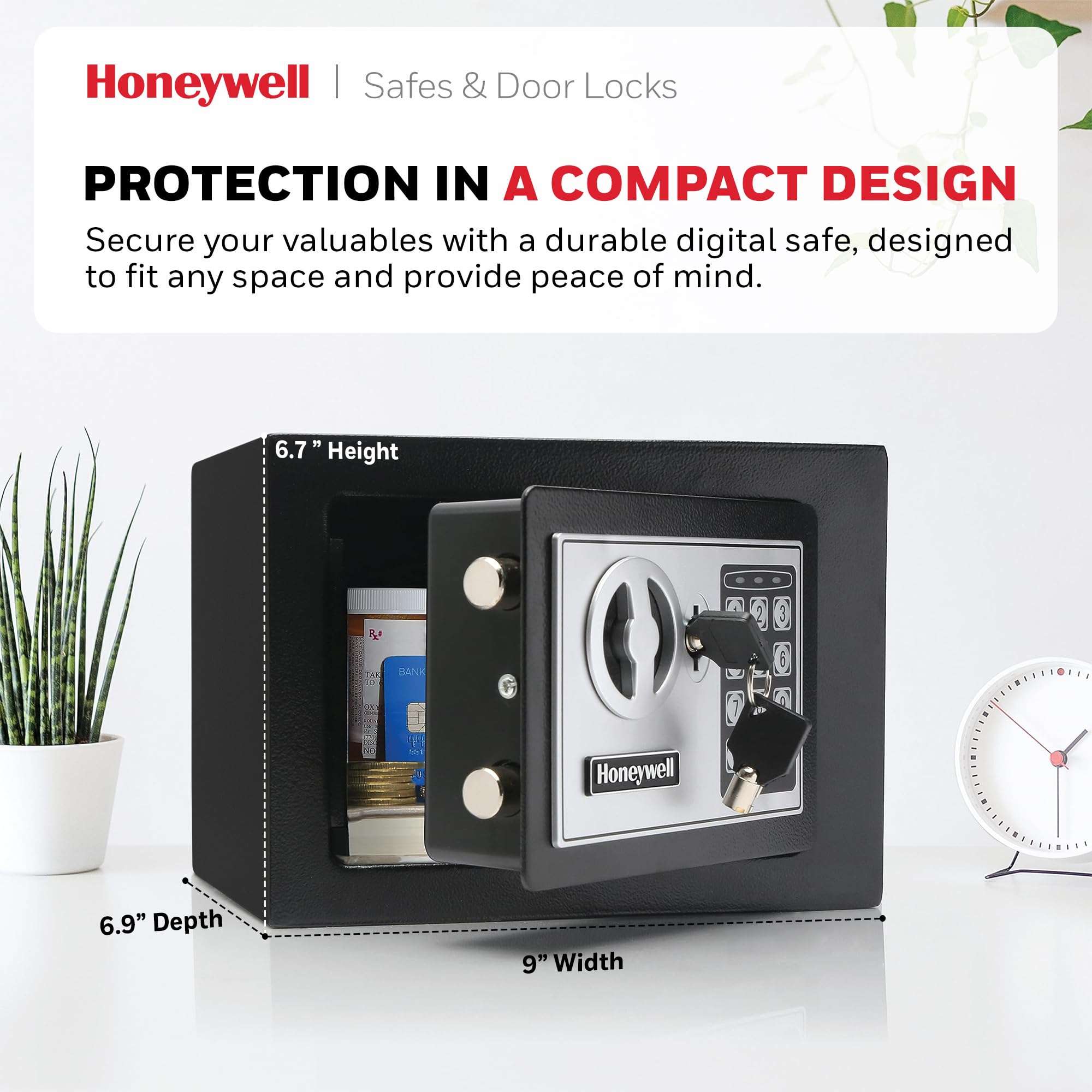 Honeywell Safes & Door Locks - Bolt Down Small Safe Box with Digital Lock for Home - Steel Security Electronic Lock Box - Cabinet & Door Design Safe with 2 Keys - 0.17-Cubic Feet - Black - 5005 2