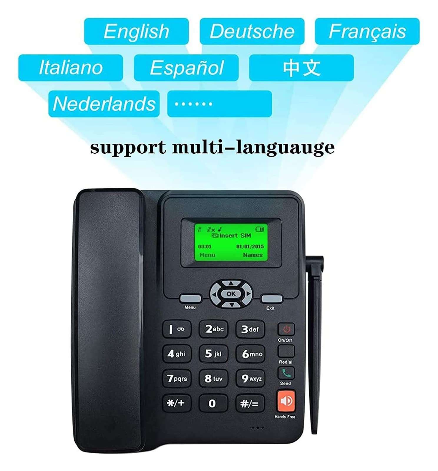 Landline Telephone Wireless Quad Band GSM Desktop Style Phone with SIM Card Slot, LCD Display Date/time/Signal Strength/Battery Capacity, for Hotel Landline Phones,Dual SIM, Black 5
