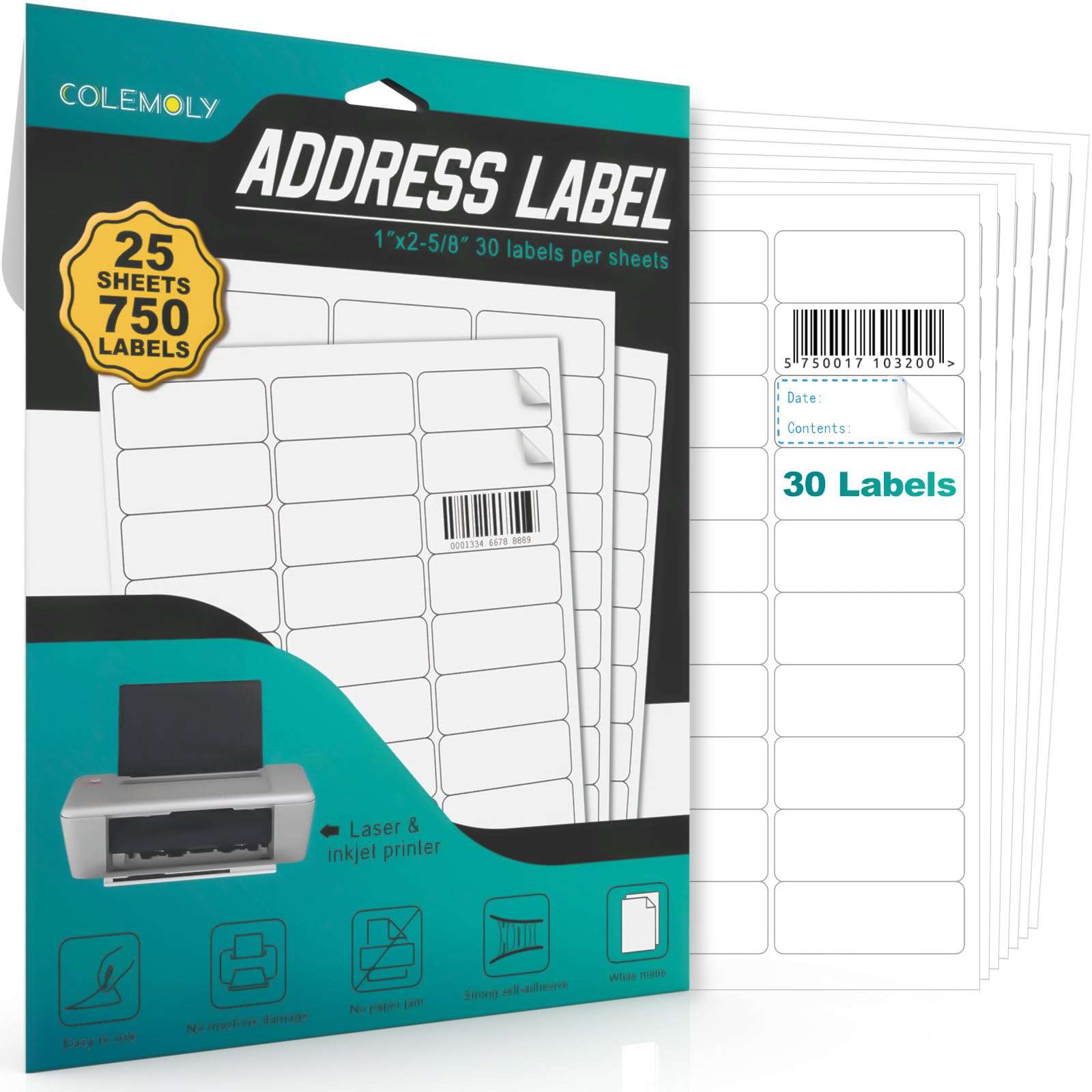 Address Labels 1’’x2-5/8’’ Stikcer Paper 30-UP 25 Sheets for Laser/Inkjet Printer Matte 750 White Blank Printable Labels on 8.5x11 Inch for Mailing, Shipping, and Organizing 1