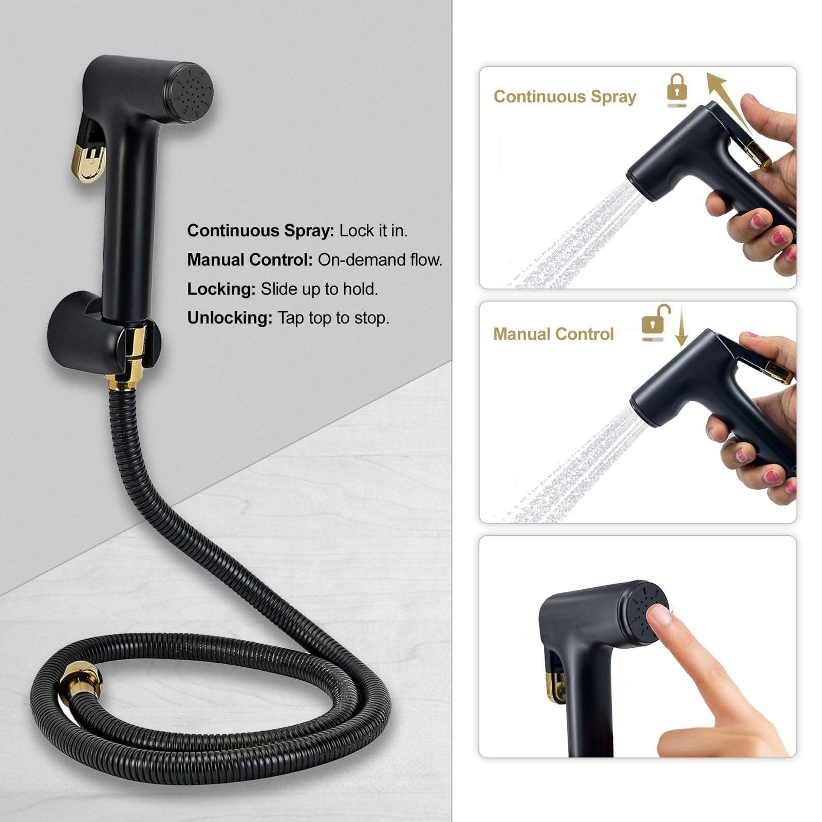 Orvos Health Faucet, Golden Black, ABS Outer Body with brass insert, with 1.25 meter flexible stainless steel shower hose and wall hook, Jet Spray for high end luxury toilets 3
