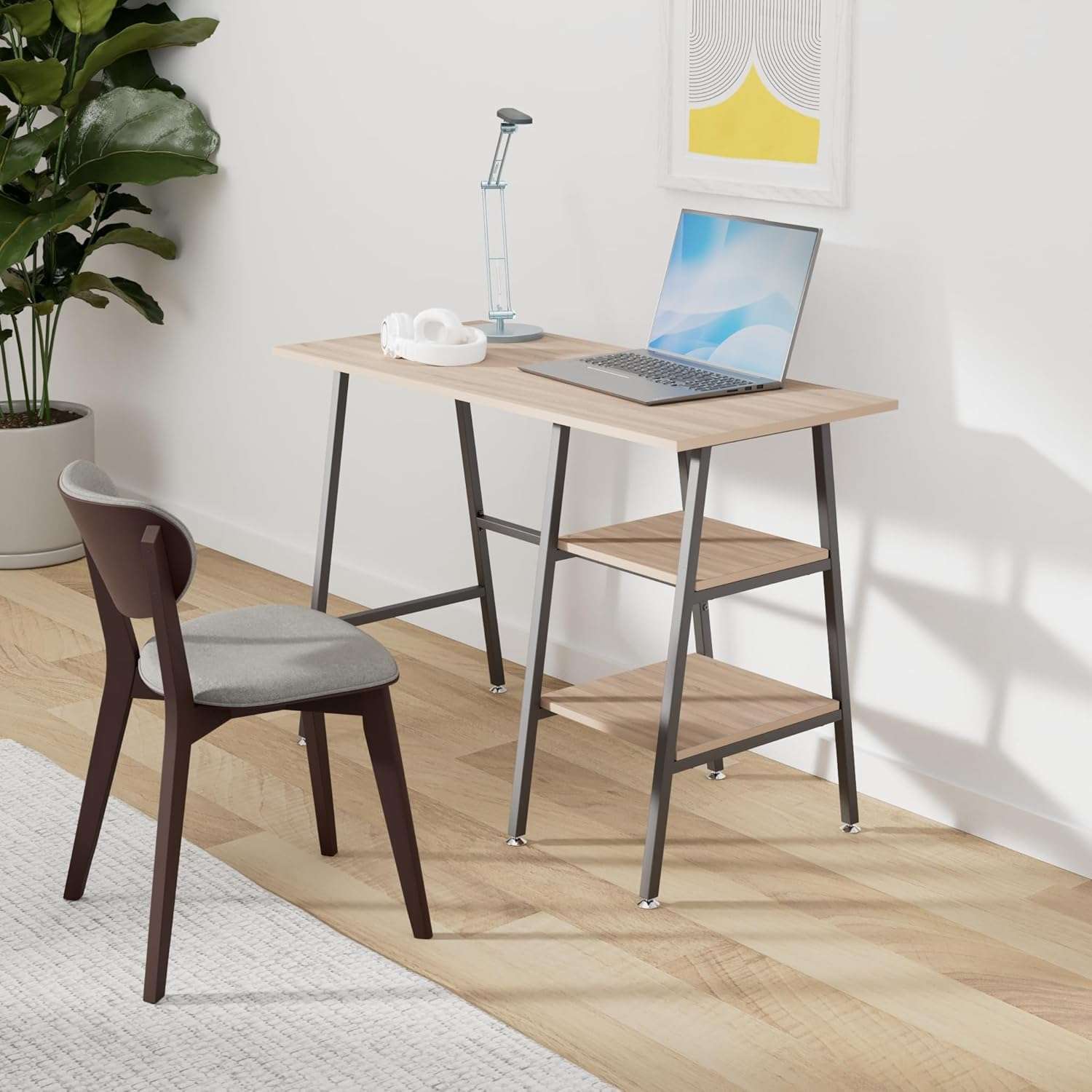 VECELO 43 Inch Computer Desk Writing Study Work Office Table Modern Desk with Shelves Wooden Desk for Home Bedroom,Oak Desk 3