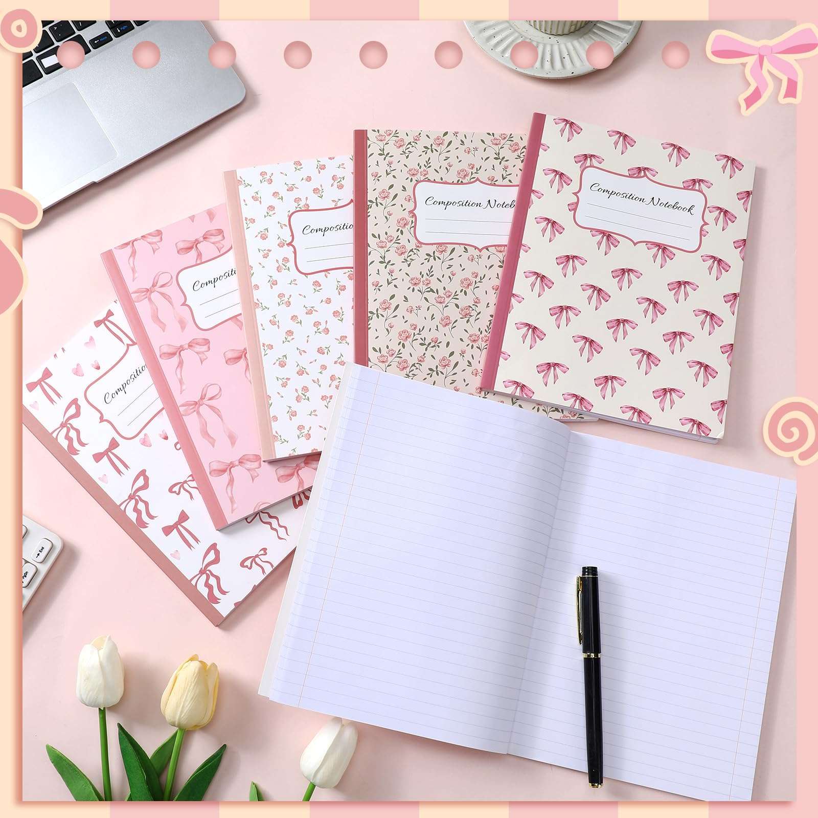 6 Pcs Bow Composition Notebooks Coquette Preppy Journal College Ruled Notebook Gift 110 Pages 9-3/4 x 7-1/2" Composition Notebooks for Mother's Day College Classroom Teacher Supplies(Pink,7" X 9") 5