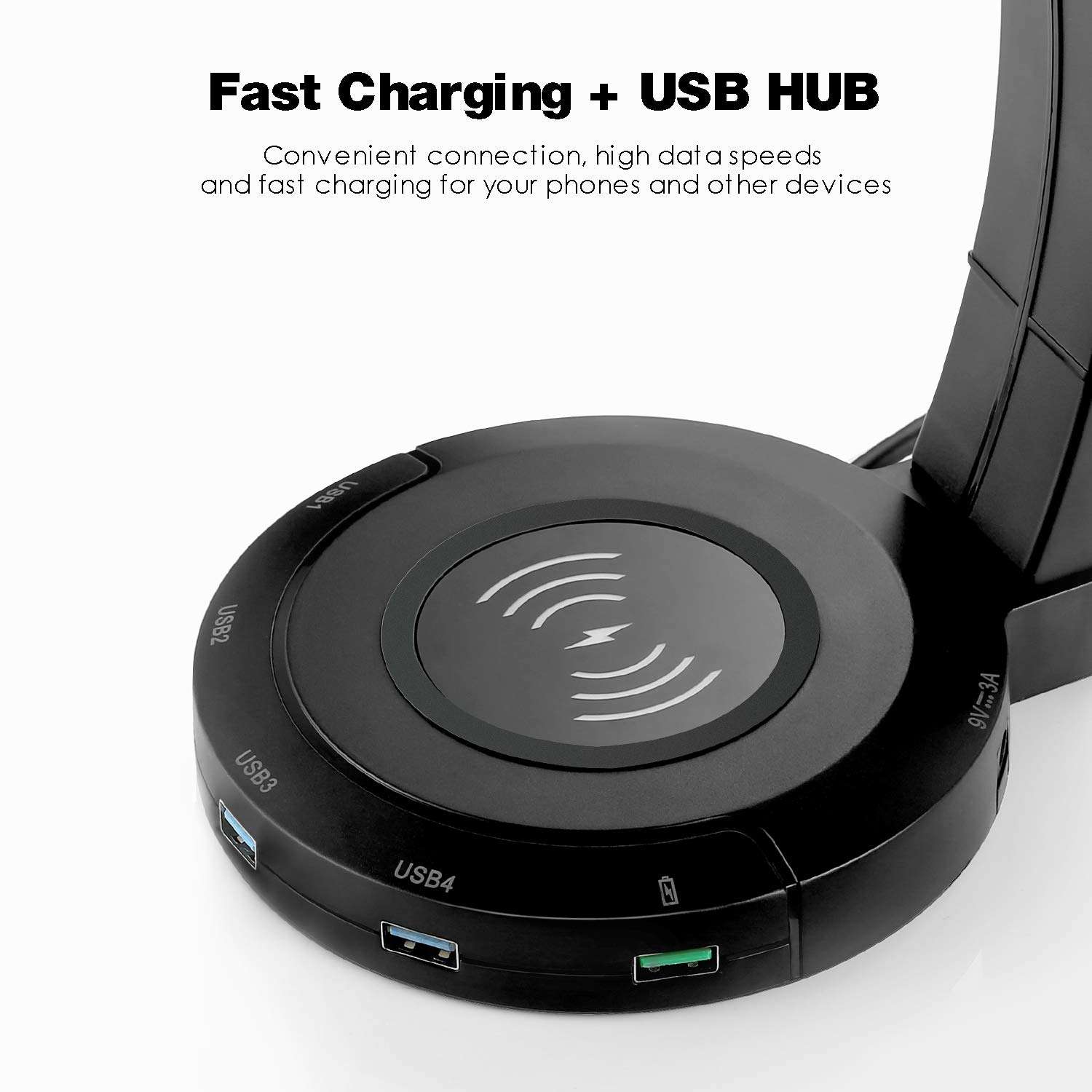 EasyAcc Wireless Charging with Headphone Stand with 18W Output USB 3.0 Charging Port 4 USB HUB Compatible with iPhone XR/Xs Max/XS/X/8/8 Plus, 10W Fast Charging Galaxy S10/S10 Plus/S10E/S9 and More 3