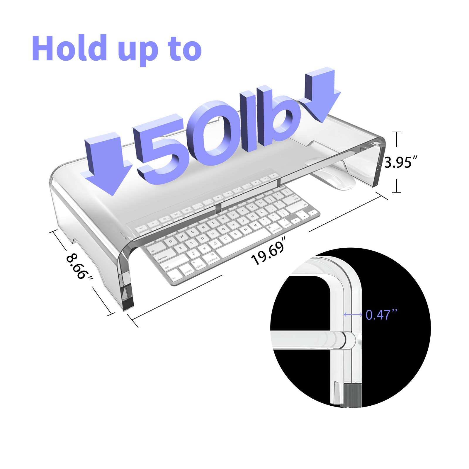 Wisboc Acrylic Monitor Stand 19.69"x 8.66"x 3.95" Clear Monitor Riser PC Desk Stand for Keyboard Storage Laptop Multi-Media TV Screen 4