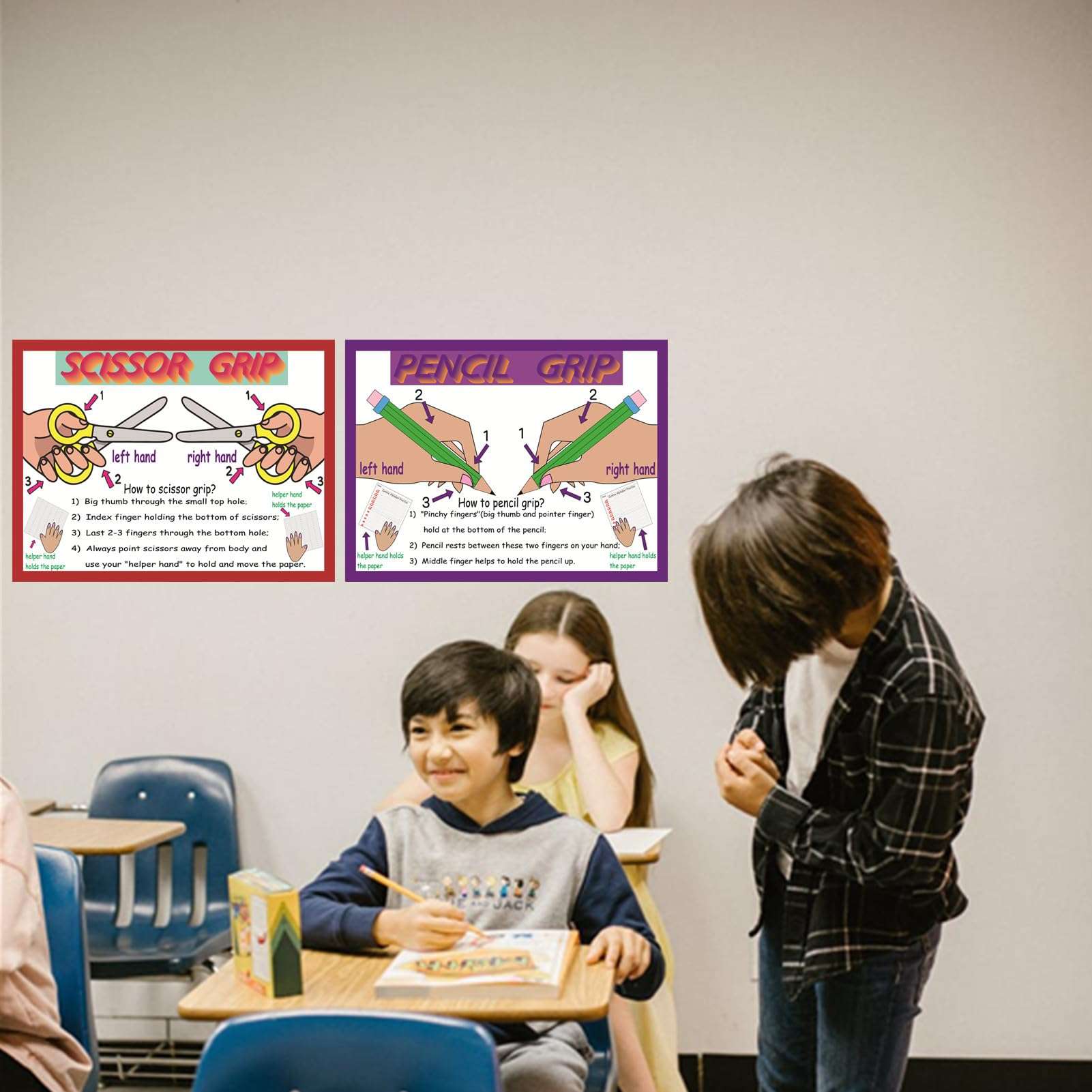 SANTSUN Pencil and Scissor Grip Educational Preschool Poster, How to Pencil Grip? and How to Scissor Grip? Poster with Illustrations, for Toddler and Kid, School Wall Decor, 30x40cm, English Version 5