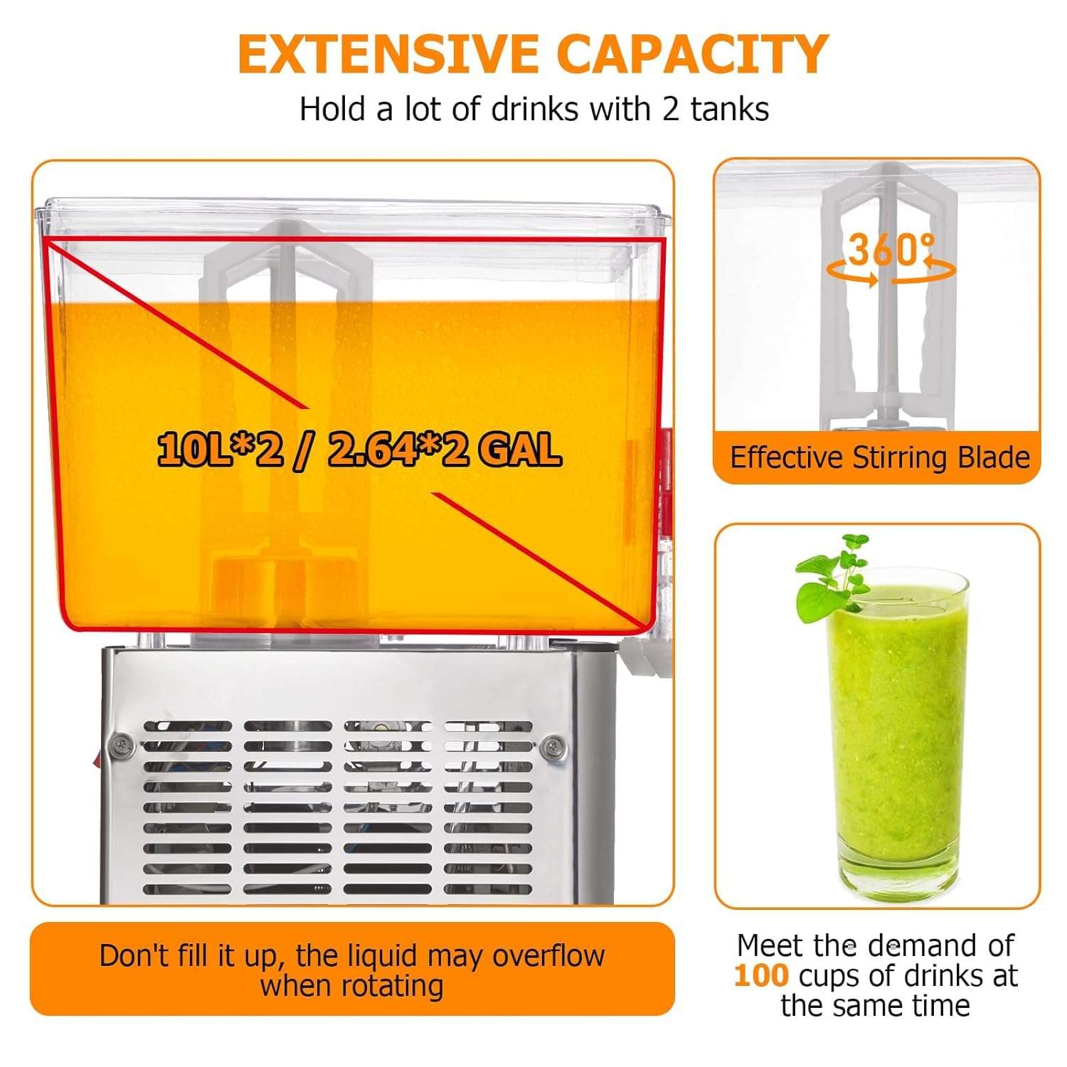 PioneerWorks Commercial Beverage Dispenser, 2 Tanks 5.28 Gallon 20L Commercial Juice Dispenser, 10 Liter Per Tank, 280W Stainless Steel Food Grade Ice Tea Drink Dispenser with Thermostat Controller 6