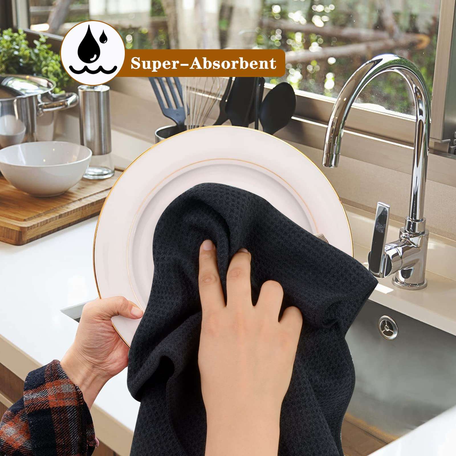 VIVOTE Microfiber Kitchen Drying Towels Dish Towels Waffle Weave Tea Towels Super Soft and Absorbent 3PackBlack 16 x 22 Inch 4