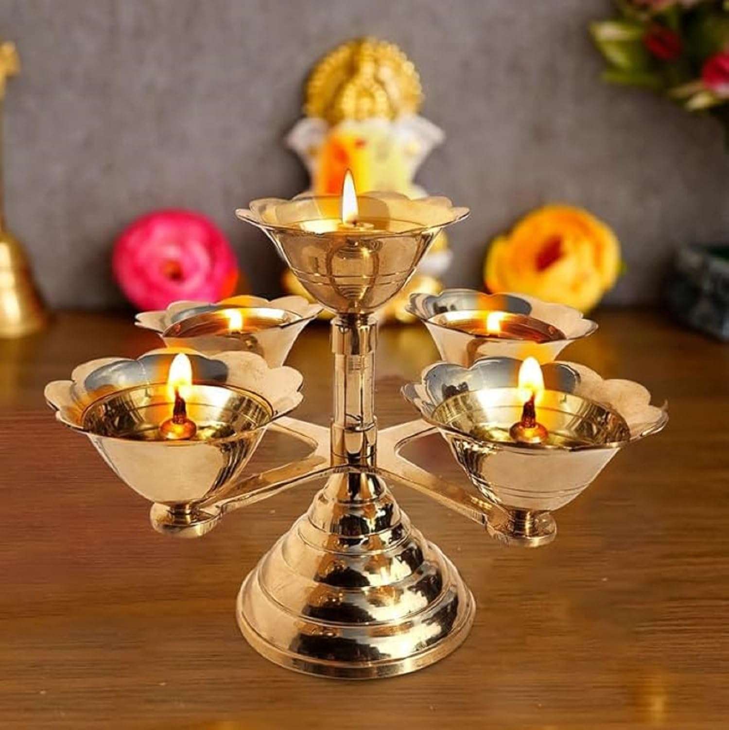 Pure Source India Pure Brass 5 Faced Ethnic Panchadeep | Bhadradeepam /Lamp/Akhand Diya for Mandir, Pooja Room,Diwali Gift Decorative Item for Home Decor (8 INCH. Gold 1PCS ) 400 GM 3