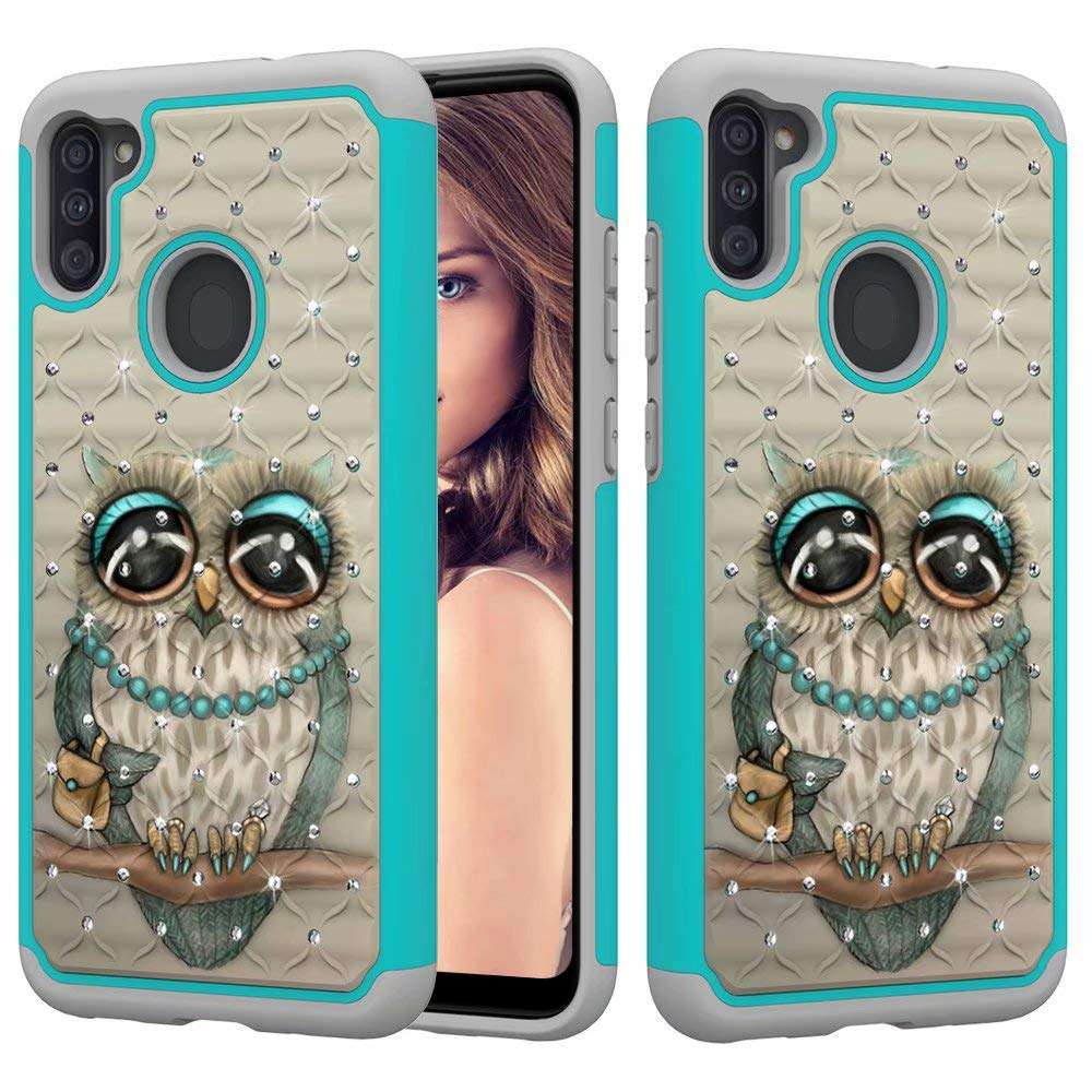 Lantier Heavy Duty Glitter Bling Hybrid Dual Layer 2 in 1 Hard Cover Soft TPU Impact Armor Defender Protective Shockproof Diamond Case for Samsung Galaxy A21 Owl 3