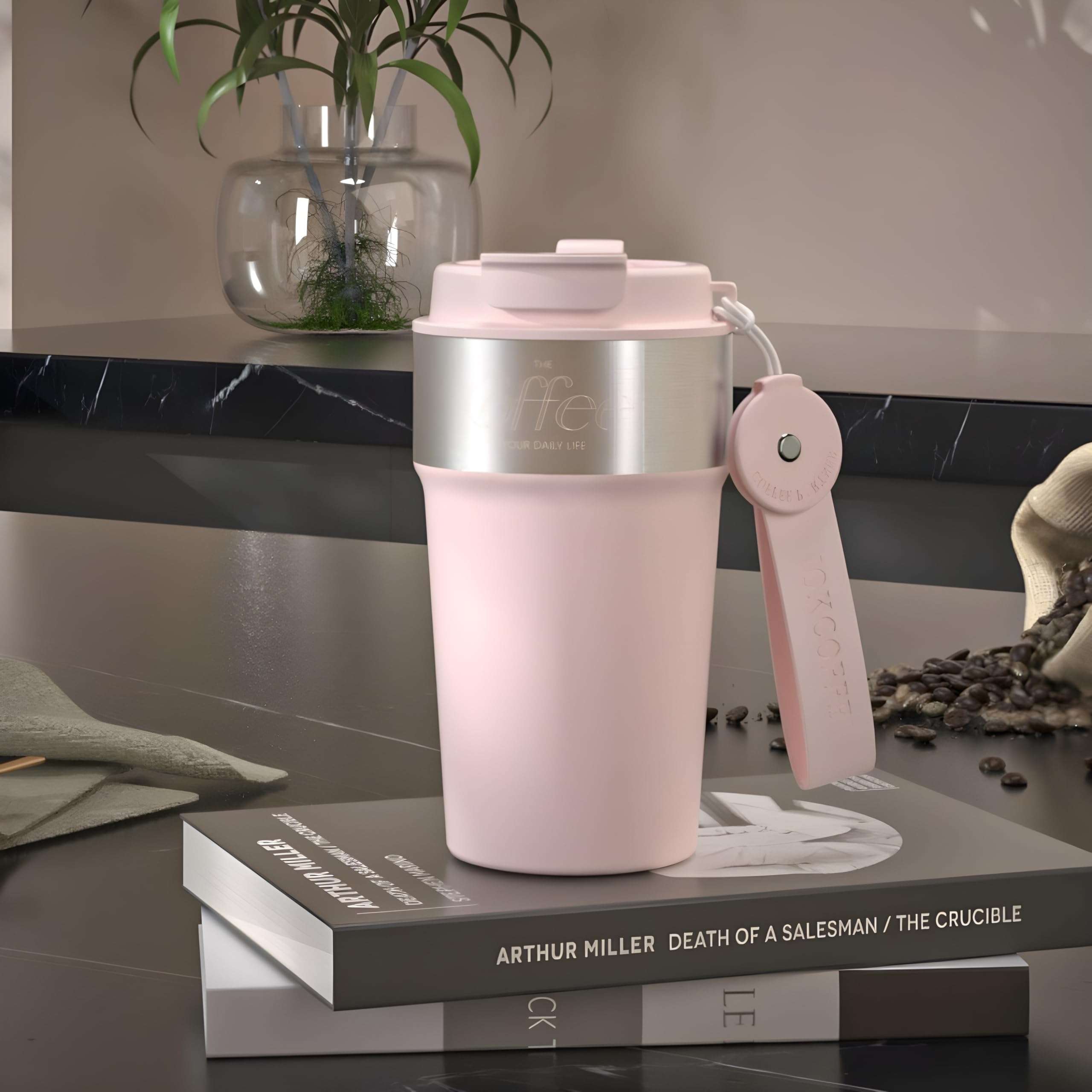 Motka 500ml Premium Stainless-Steel Tumbler | Double Wall Vacuum Insulated Coffee Mug with Strap | Hot & Cold Travel Cup with 2-in-1 Lid (Sip & Straw) | Leakproof Sipper Thermos Flask (Pink) 1