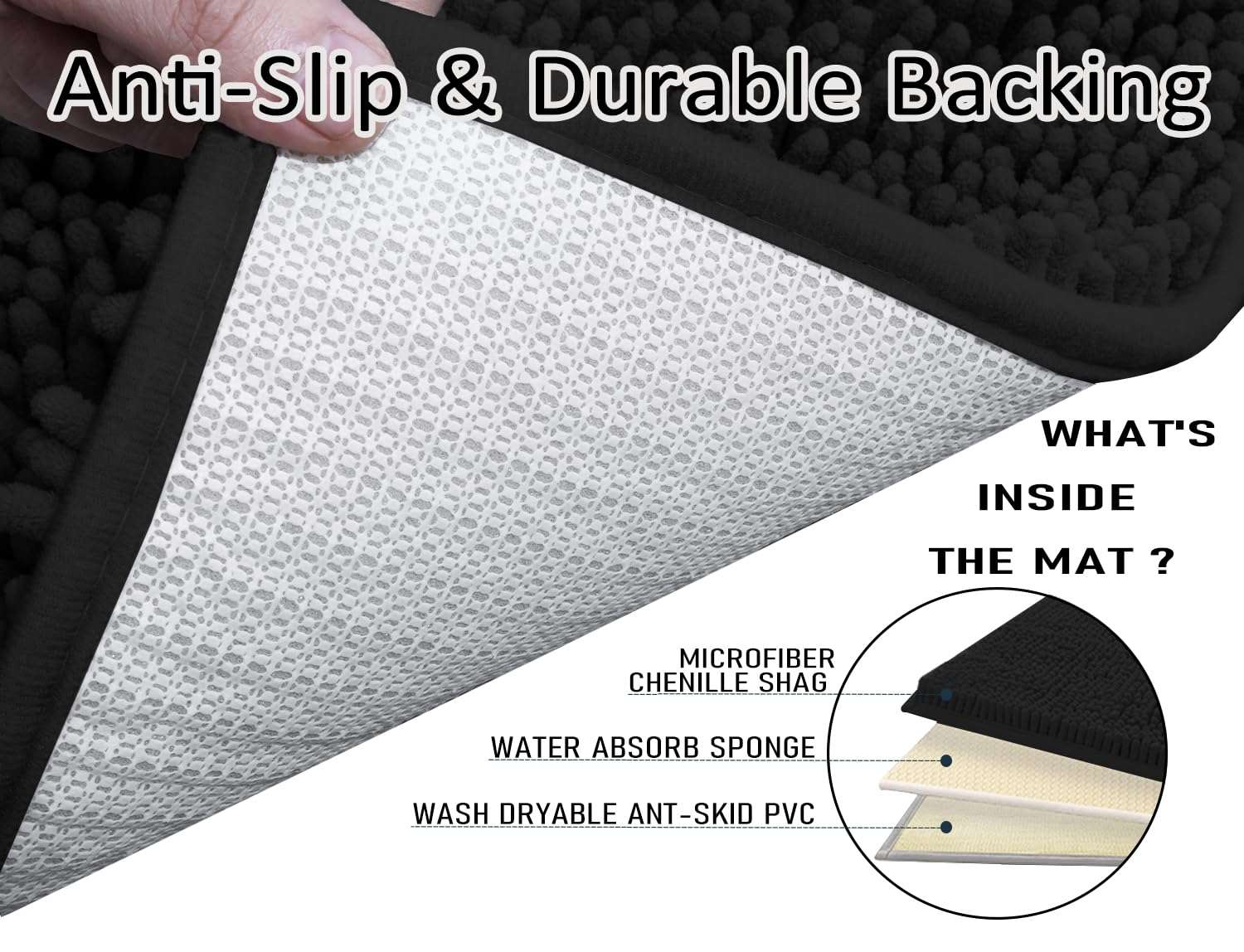 Bathroom Rugs Sets 4 Piece with Toilet Lid Cover, Soft Shaggy Bath Rug Set and U Shaped Toilet Rug, Machine Washable Chenille Bathroom Set Bath Mat Non-Slip PVC Backing Water Absorbent Gifts, Black 4