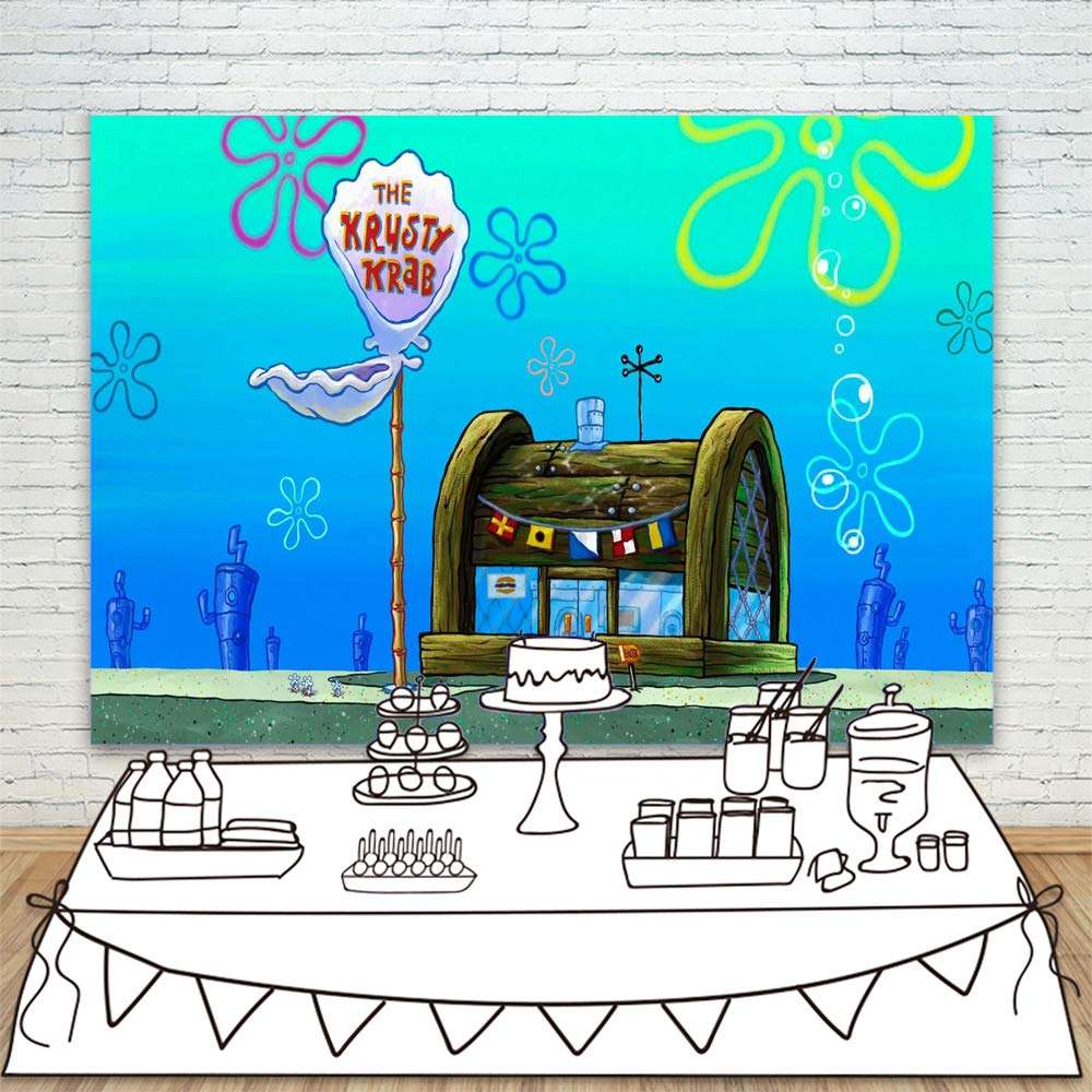 YouRan Spongebob Birthday Backdrop Under The Sea 7x5 Happy Birthday Spongebob Theme Background for Kids Party Supplies Vinyl Spongebob Backdrops Krusty Krab Backgrounds 2