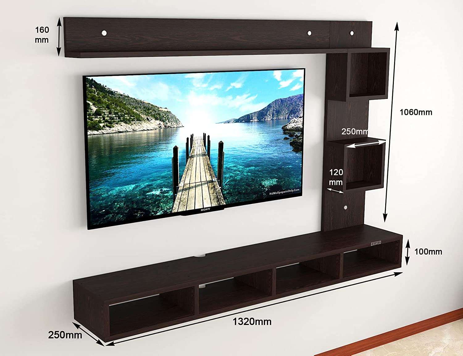 ERAWUD Maria Wall Mount TV Entertainment Unit/with Set Top Box Stand and Wall Shelf Display Rack Two Box for Living Room Wenge (Ideal for up to 55") Screen 5