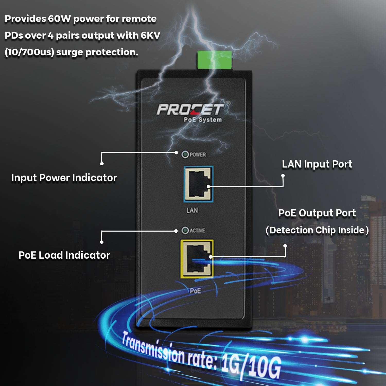 Procet 10 Gbps Gigabit PoE++ Injector Din Rail, 60W Industrial Boost PoE Adapter with Wide Temp -40°F to 149°F, 6KV Surge Protection, 12-55V DC Input, IEEE802.3af/802.3at/802.3bt, PT-PSE105GB-E-10 5