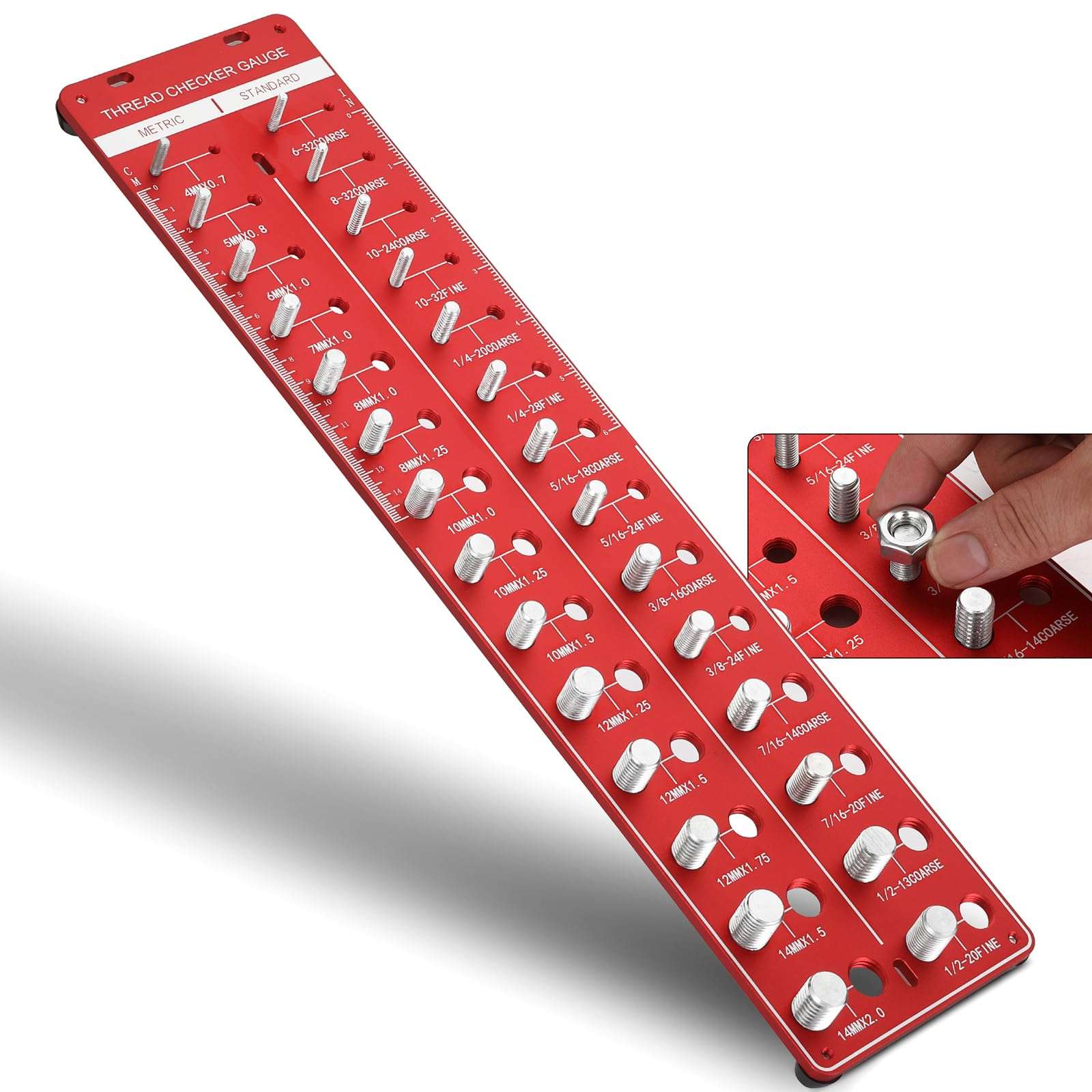 Thread Checker, 28 Nut and Bolt Thread Checker, Bolt Size and Thread Gauge 14 Standard & 14 Metric with Inch and Centimeter Ruler, Gift for Mechanic (Red) 1