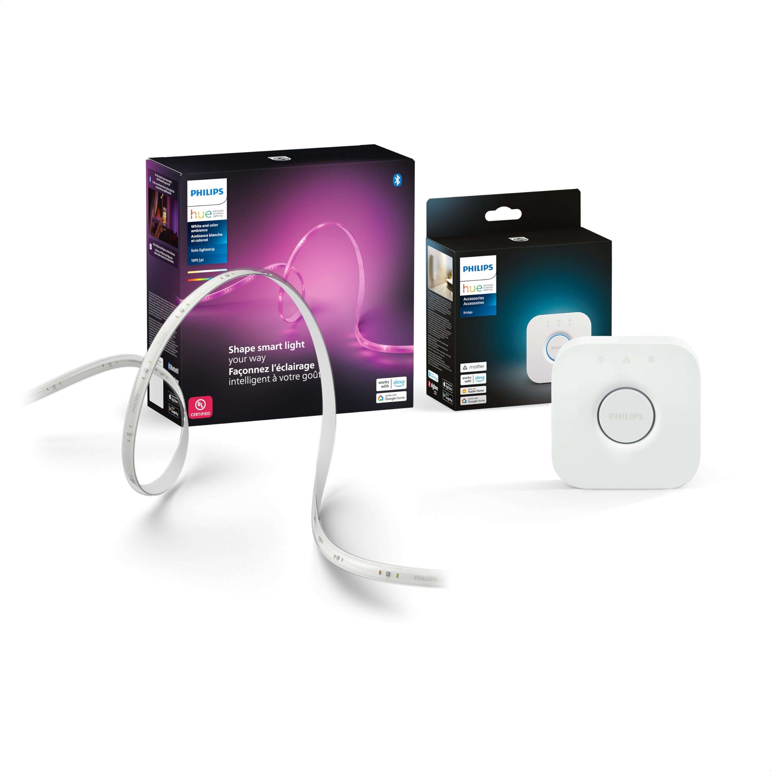 Philips Hue Indoor 10 Ft Smart LED Solo Lightstrip Base Kit Bundle with Bridge - Control with Hue App, Compatible with Alexa, Google Assistant, Apple HomeKit 1