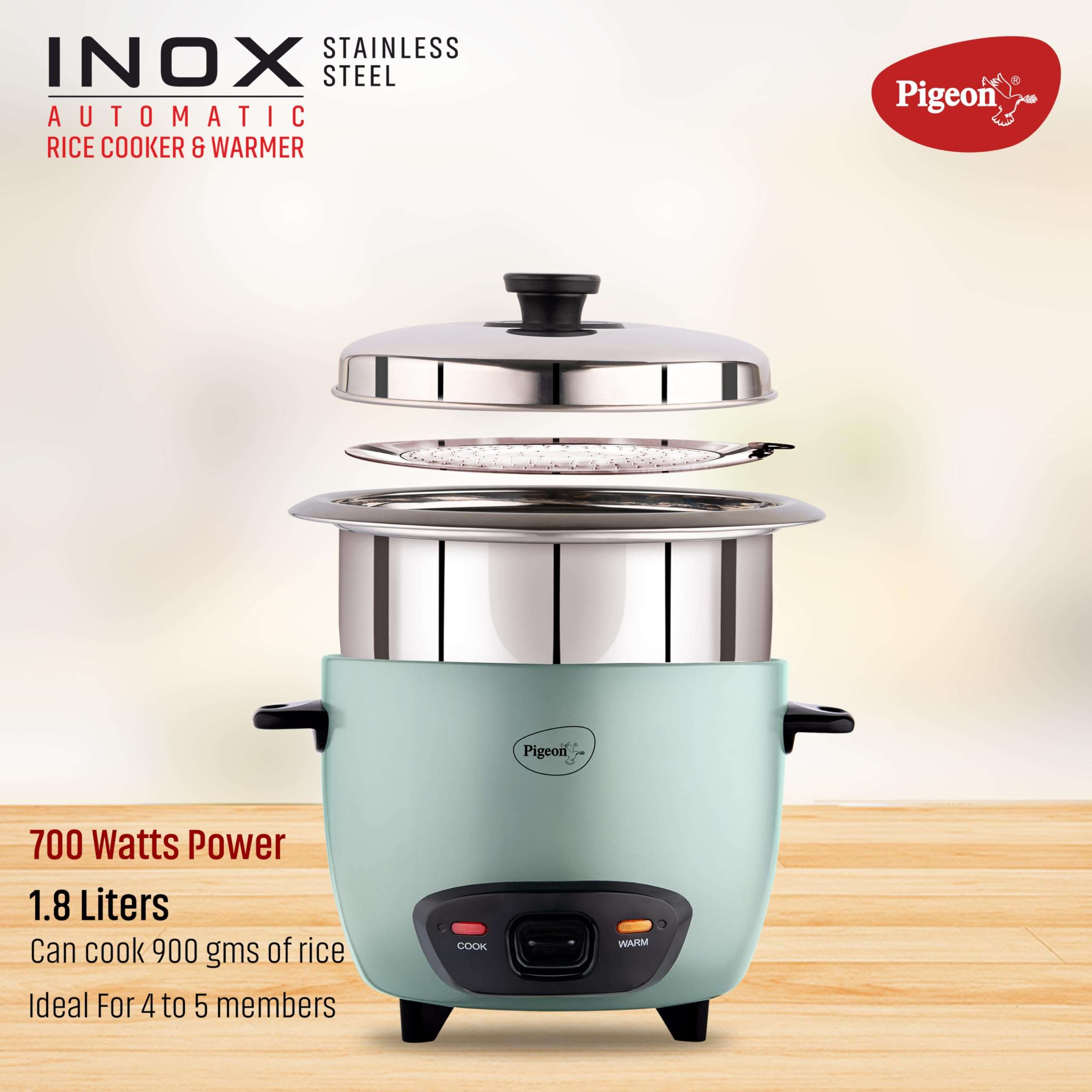 Pigeon Inox Rice Cooker with Double pot, 1.8 litres | Stainless Steel Lid | 700 Watts | 2 Steel Cooking Pot | Measuring Cup | Spatula | Energy Efficient Cooking 4