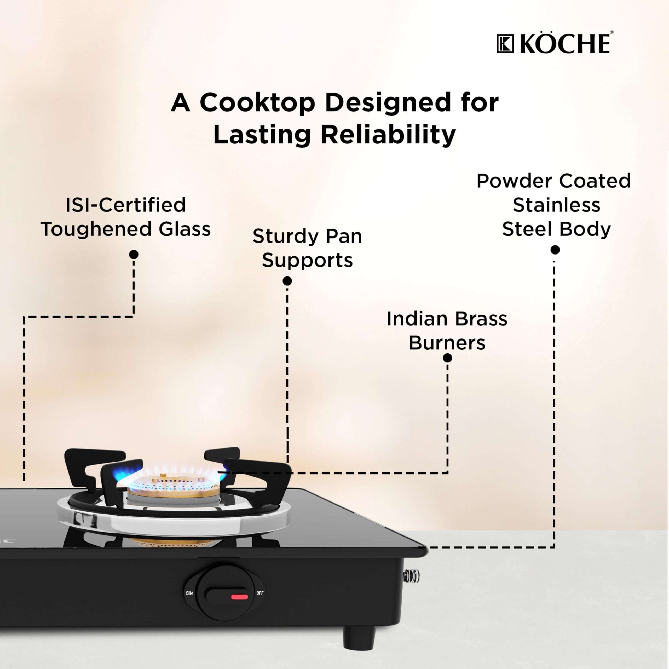 KOCHE Spartek 2B Gas Cooktop | 2 Burner Gas Stove with Toughened Glass Top | High-Power Indian Brass Burners | 360° Revolving Gas Nozzle | Steel Powder-Coated Body | 2-Year Warranty 4