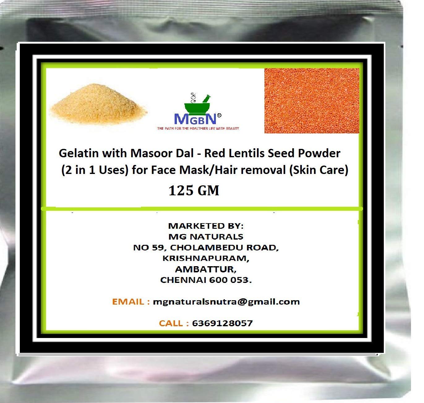 Gelatin with Masoor dal-Red lentils-seed Powder Mix (2 in 1 Use) for Face Mask/Hair removal (Skin Care) 125 GM