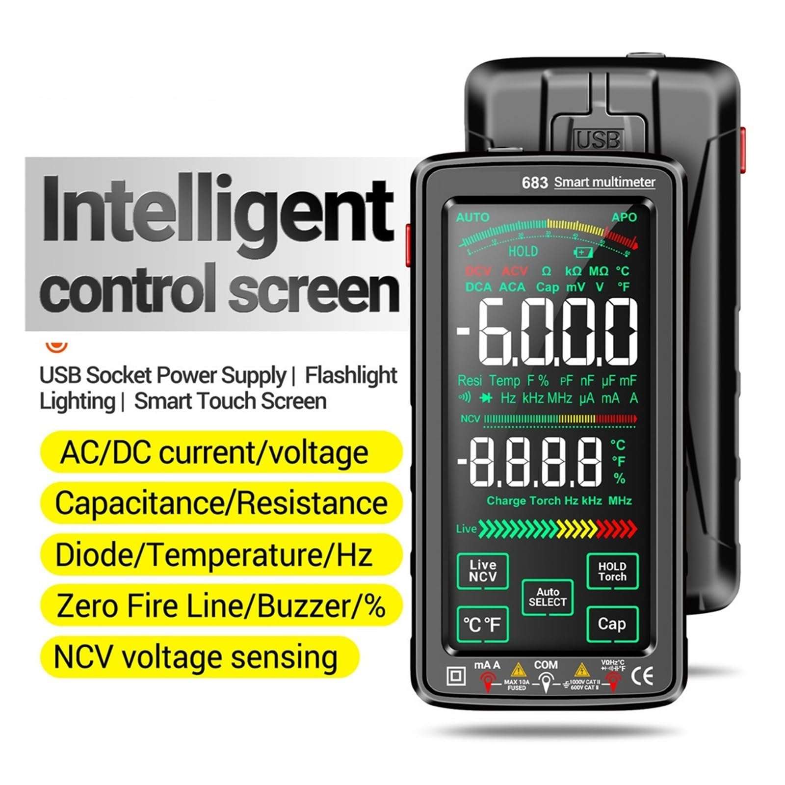 LIBODD Smart Digital Multimeter Rechargeable Capacitance Meter Ohm Diode Tester 6000 Counts AC/DC Measuring Tools(683 Red) 5