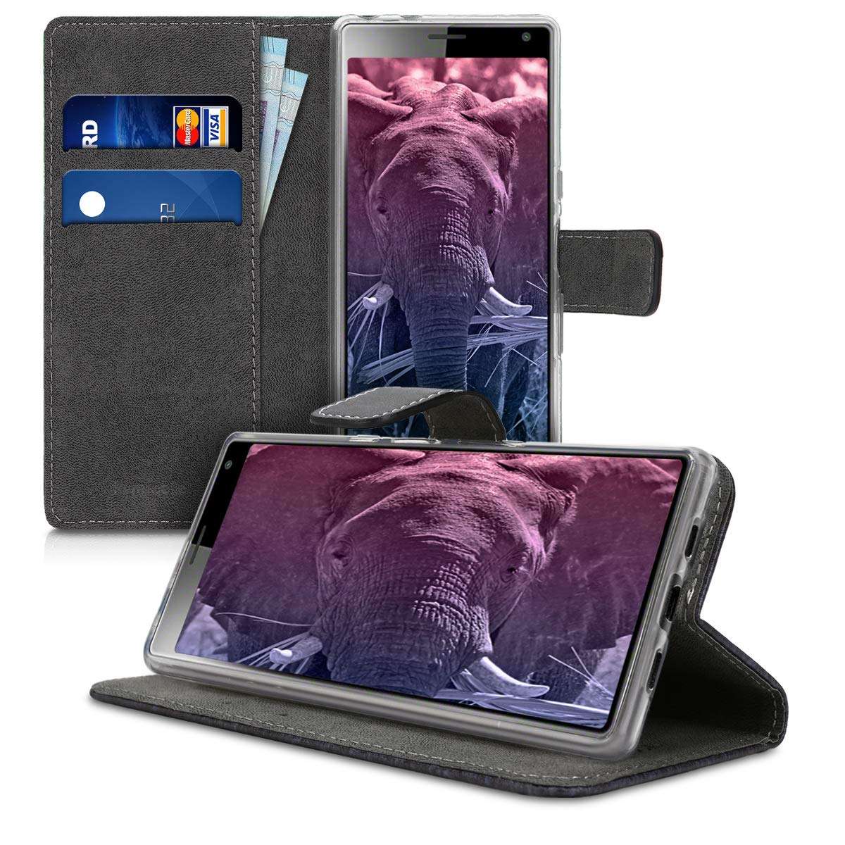 kwmobile Wallet Case Compatible with Sony Xperia 10 - Case Faux Leather Cover - Elephant Sketch Dark Pink/Anthracite 4