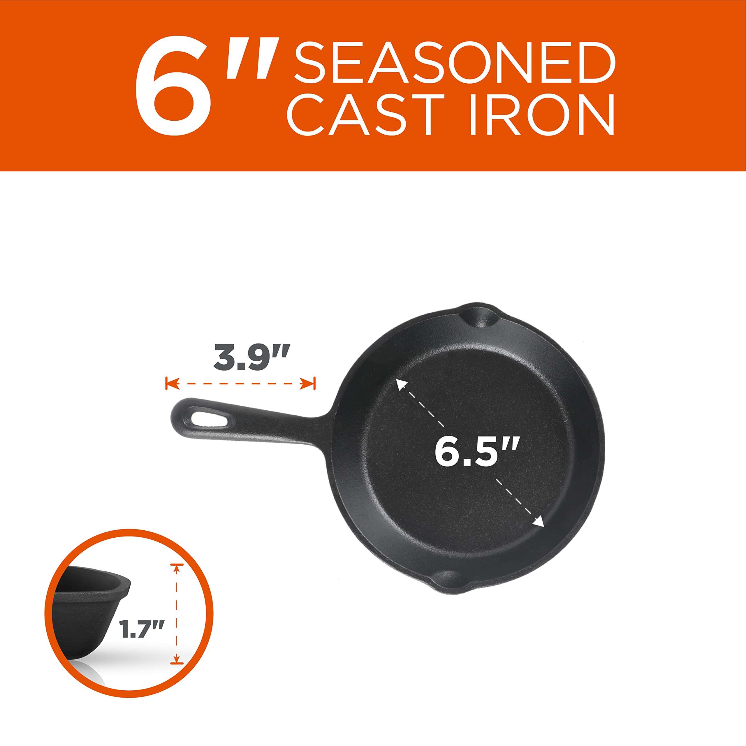 Commercial CHEF 3-Piece Cast Iron Skillet Set – 6 inch, 8 inch, and 10 inch - Pre-seasoned Cast Iron Cookware, Black 6