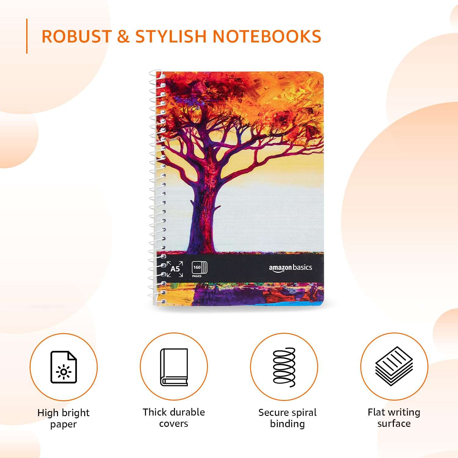 amazon basics Metal Spiral Notebooks A5 Size 160 Sheet | High Bright Paper | Single Ruled | Thick Black Covers | Pack of 3 (Assorted Colours) 4