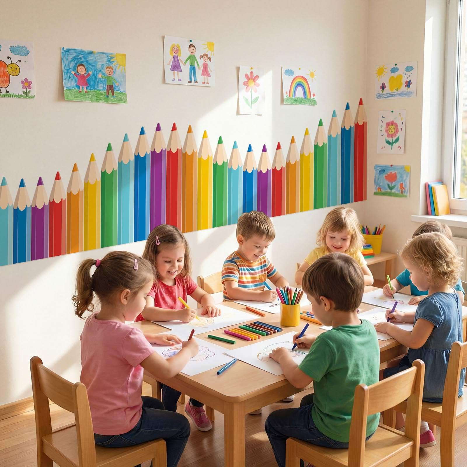 Gilprop 9.8 ft Colorful Crayon Classroom Wall Decor Fabric Back to School Classroom Wall Decoration Backdrop with Adhesive Dots Cuttable Crayon Bulletin Board Decoration for Preschool Graduation 4