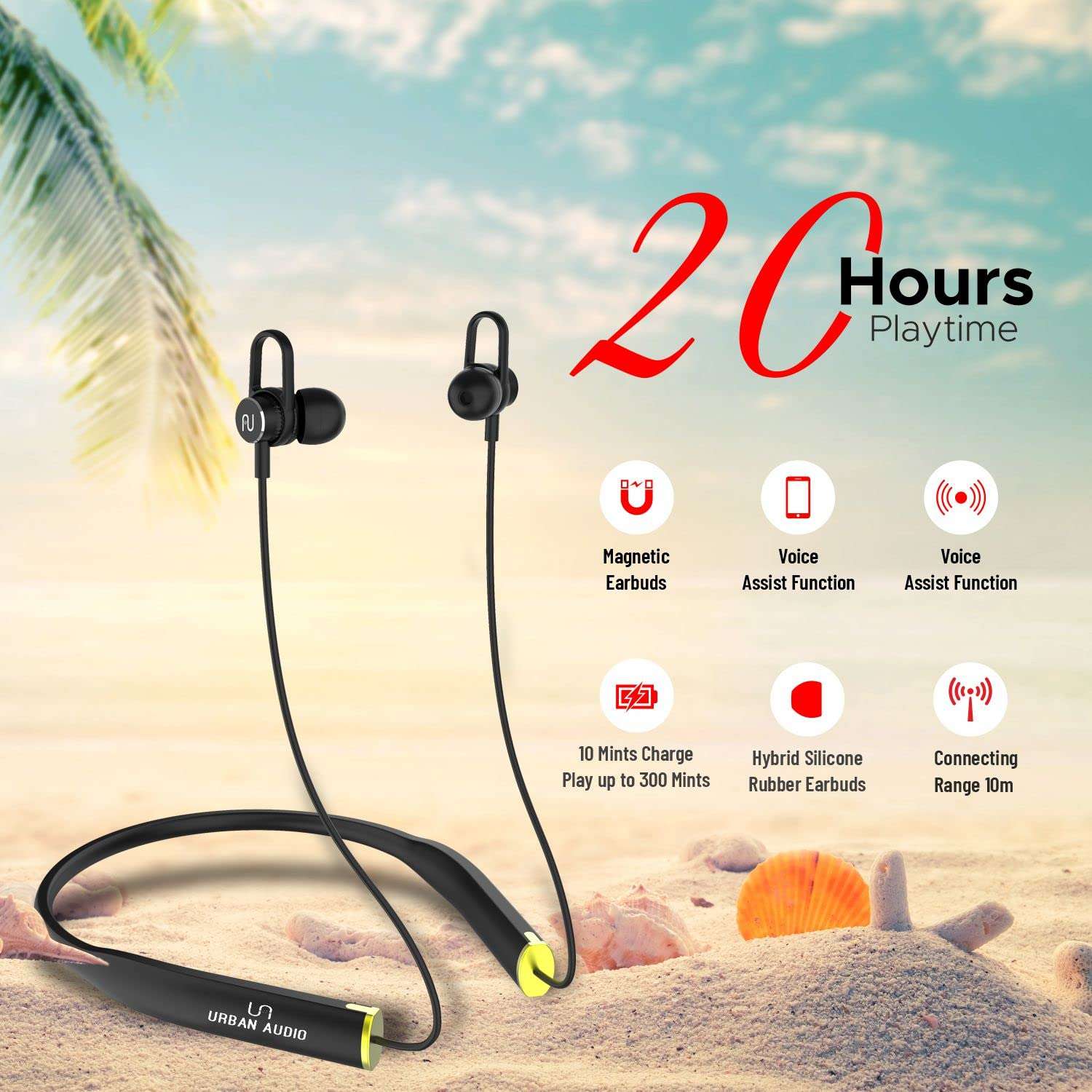 Urban Audio U5 Voice Assistant Wireless Bluetooth in-Ear Earphone with Mic, Supper Bass, Fast Charge, Waterproof, Noise Cancellation Stereo Neckband & Magnetic Earbuds Sky Blue 2