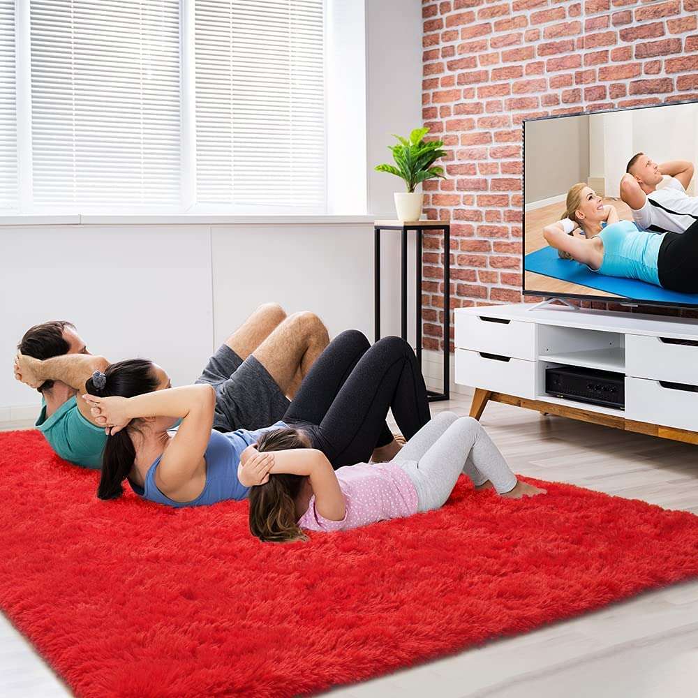 SRHandloom Shaggy Living Room Carpets | Microfibre Anti-skid Kalin Carprts and Runners for Hall, Living Room, Bedroom | 2 inch Medium Pile Fluffy Carpets Red 4 x 6 Feet 5