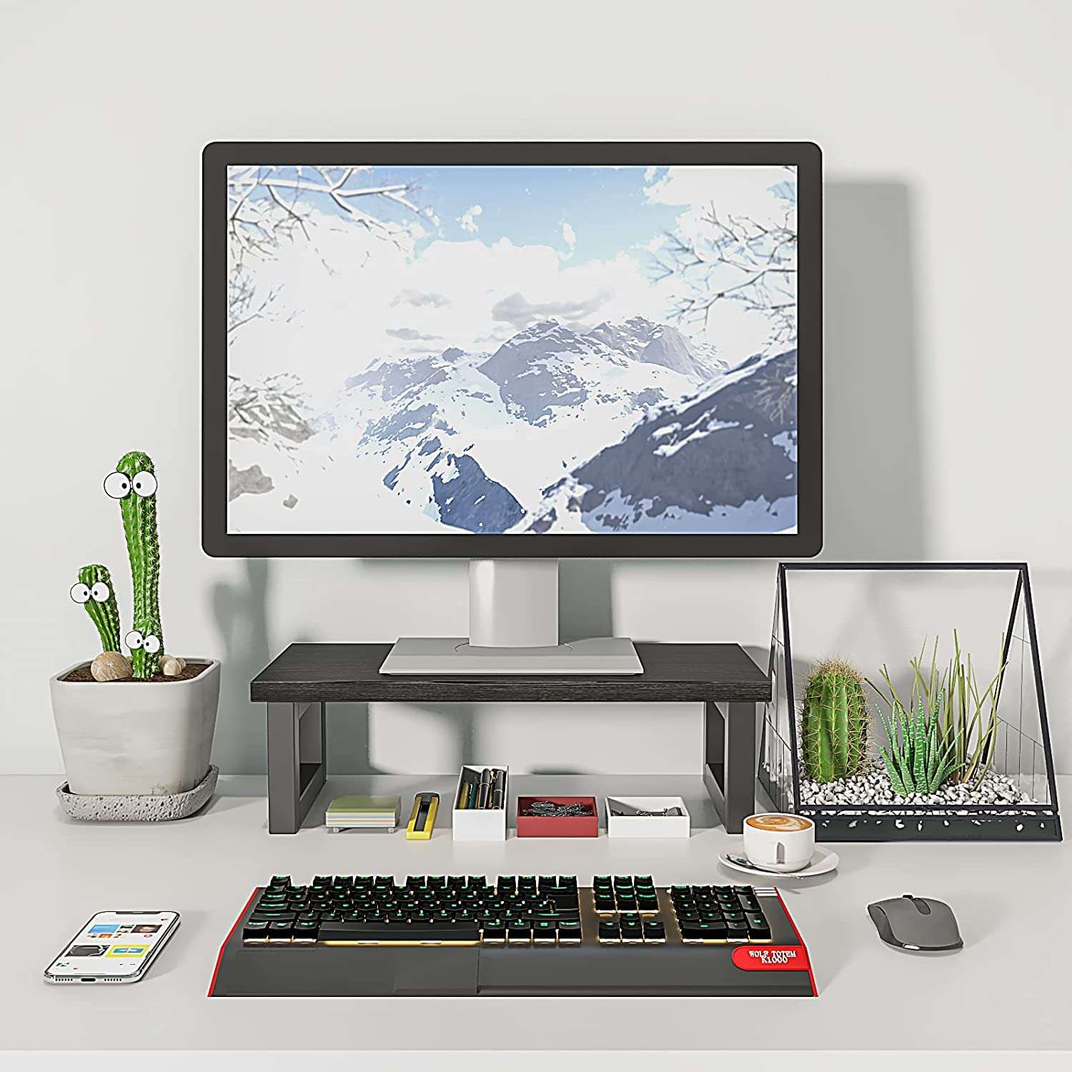 INDIAN DECOR 39340 Monitor Stand Riser for Computer Desktop Wood Riser Supports Storage Organizer Shelf for Laptop Computer, 15.5 inches, Black 4