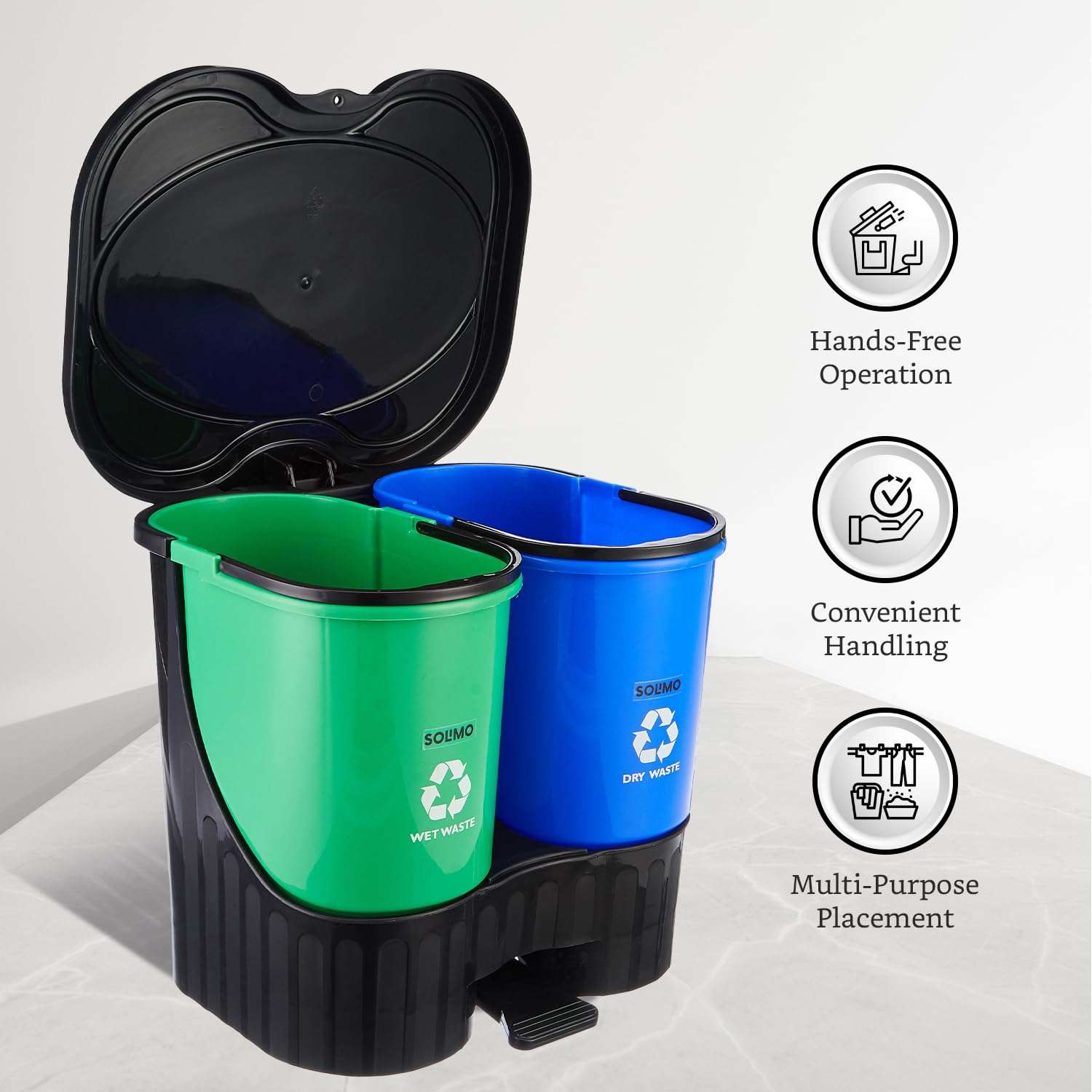 Amazon Brand - Solimo Plastic Oval Step-On Pedal 2-In-1 Dual Dustbin With Lid-15.4 Liters|Green&Blue 4