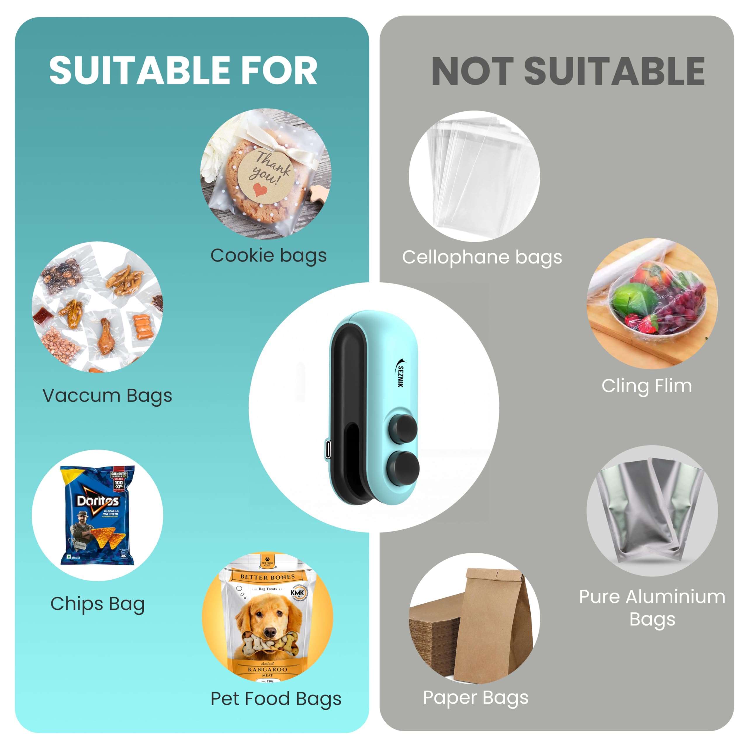 Seznik Sealing Machine for Food Packets - Portable Handheld Sealing, Snacks, Chips, Fresh Storage - Mini Sealing Machine, 1 YEAR Warranty (Dark Blue) 6