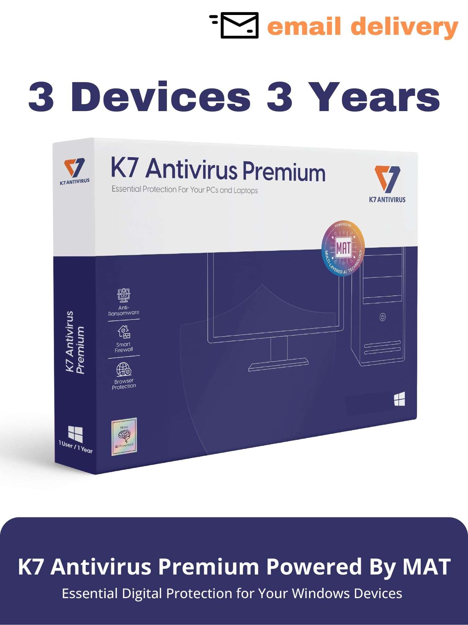 K7 Antivirus Premium Powered By MAT 2025 |3 Users, 3 Years | Virus Protection, Anti-Ransomware, External Device Scanning, Smart Firewall | Antivirus for Laptop, Desktop, PC | Email Delivery in 2 hours