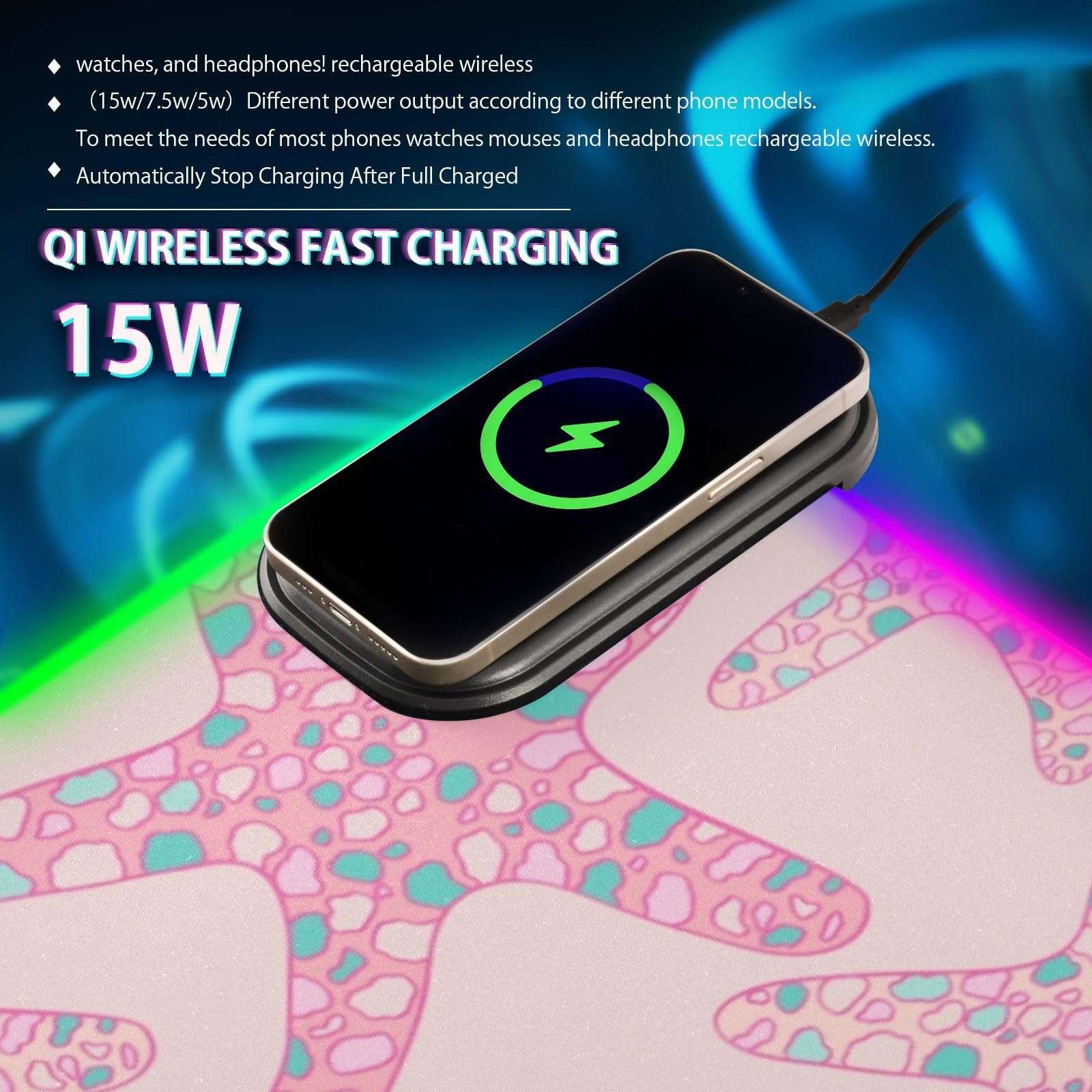 Pink Starfish Wireless Charging Mouse Pad for Mobile Phone Extra Large Gaming Mousepad with 13 Lighting Modes Computer Mat for Gaming MacBook PC Laptop Desk Office Home 3