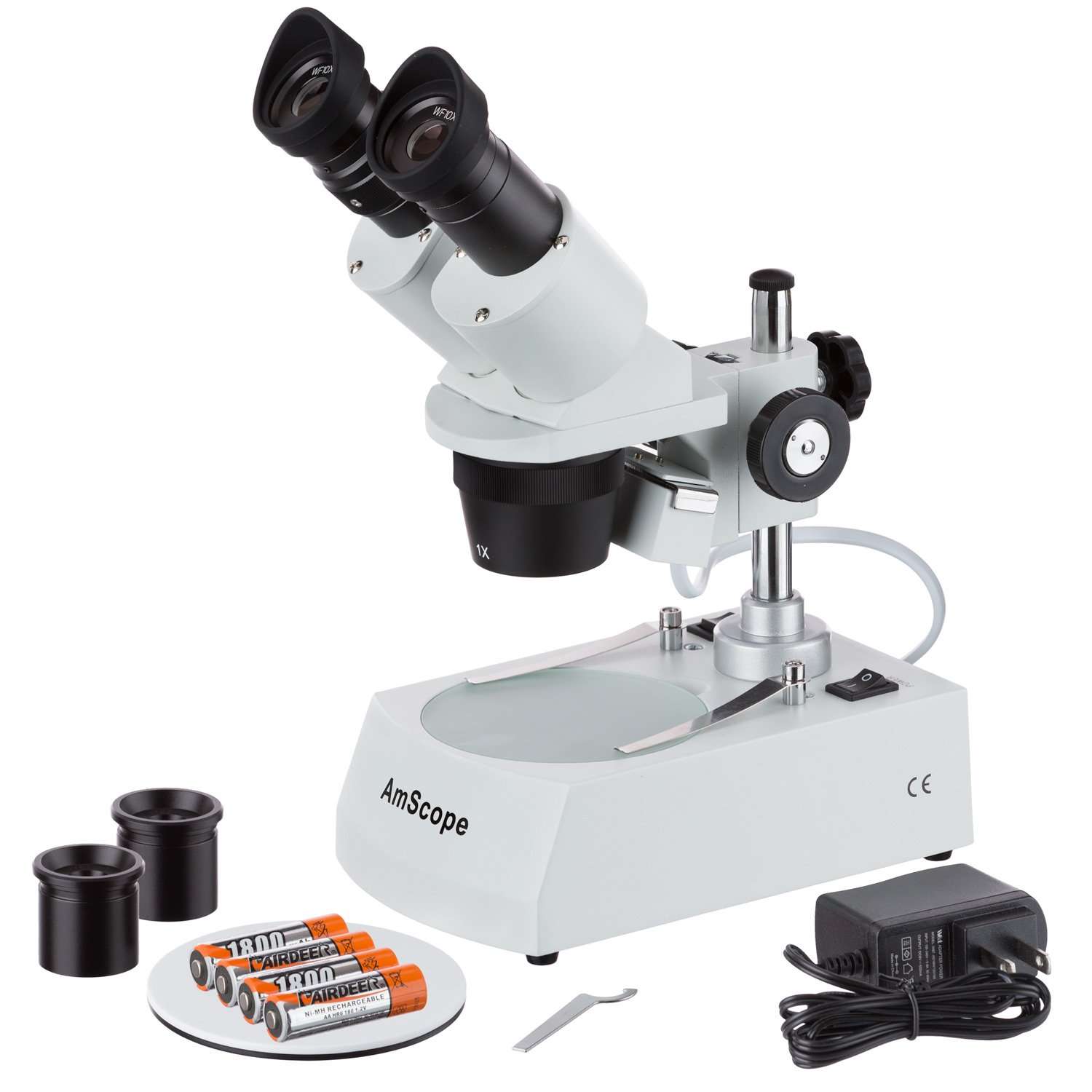 AmScope SE305R-PX-LED Forward-Mounted Binocular Stereo Microscope, WF5x and WF10x Eyepieces, 5X/10X/15X/30X Magnification, 1X and 3X Objectives, Upper and Lower LED Lighting, Reversible Black/White Stage Plate, Pillar Stand, 120V or Battery-Powered 1