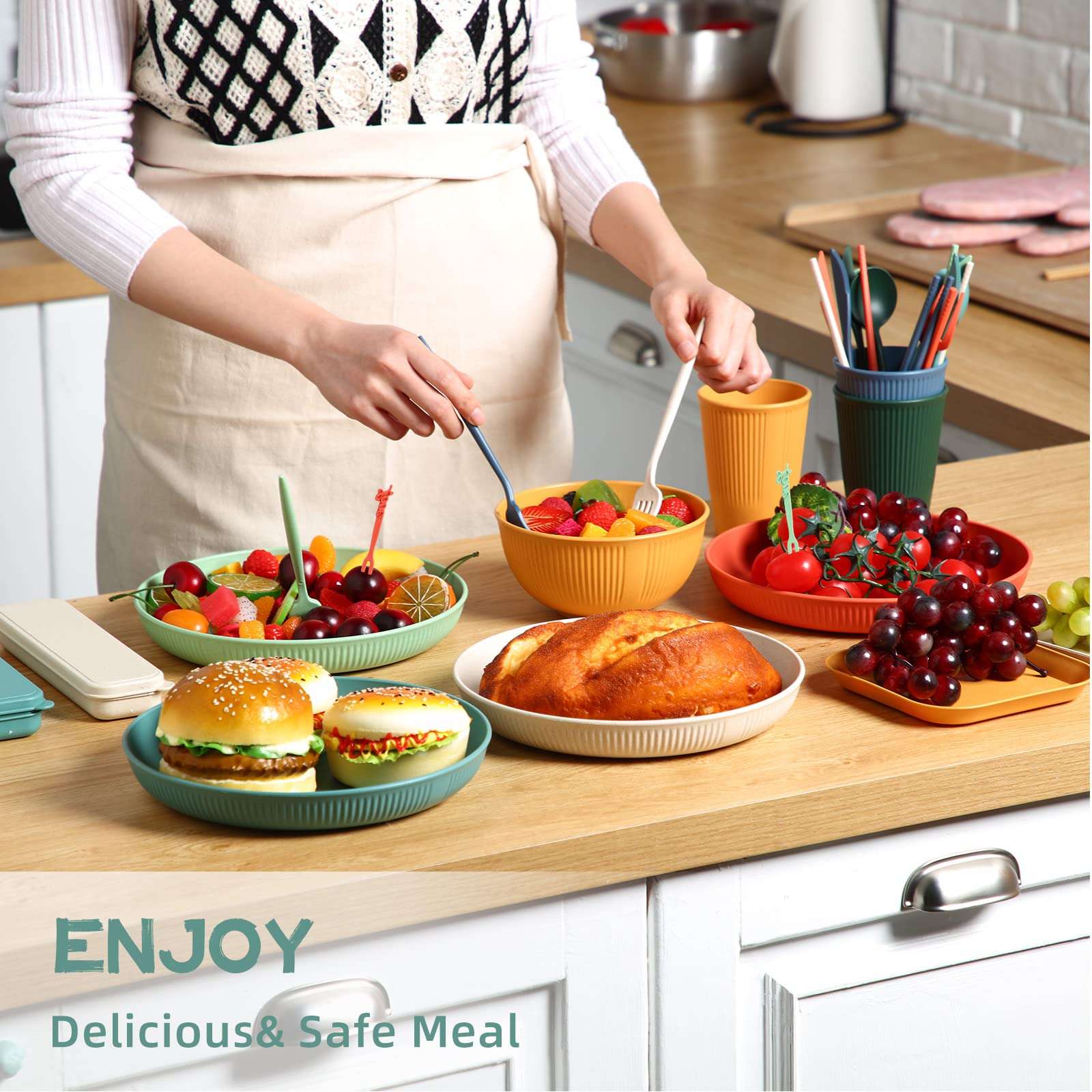 Sets of 8 Wheat Straw Dinnerware (64 Pcs) Microwave Safe Unbreakable Plates Bowls Cups Sets with Cutlery Utensils Colored Lightweight Plastic Dinnerware for Kids Adults Camping Picnic Dorm RV Kitchen 6