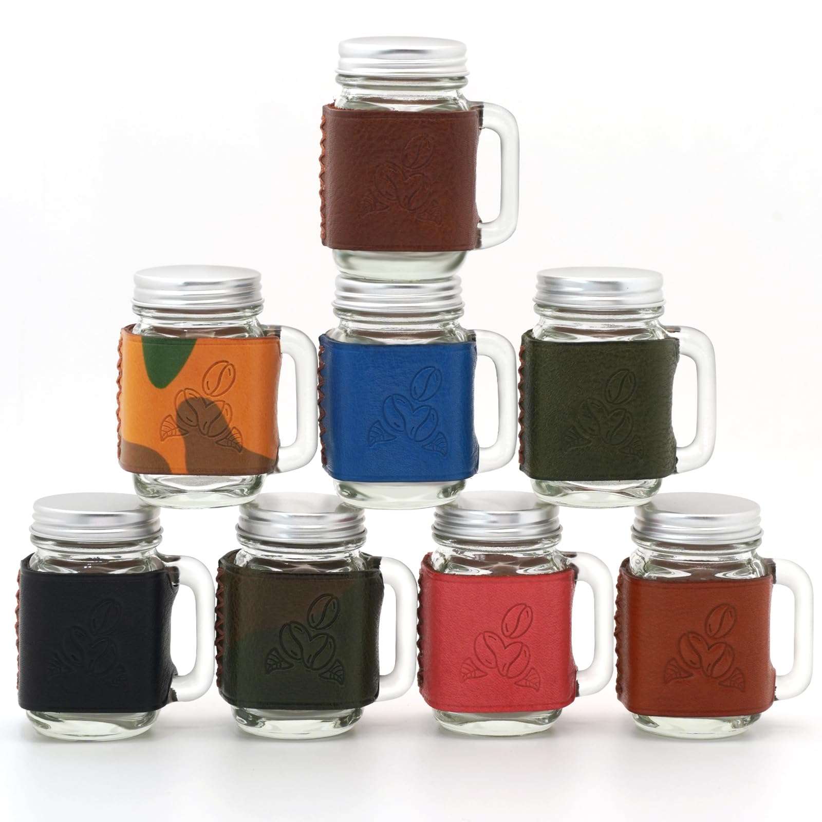 1PC 1.7oz 50ml Mini Glass Handle Mug Genuine Leather Sleeve Mini Espresso Dispenser Bottles Small Glass Mug Mini Sealed Jar (BULE) 6
