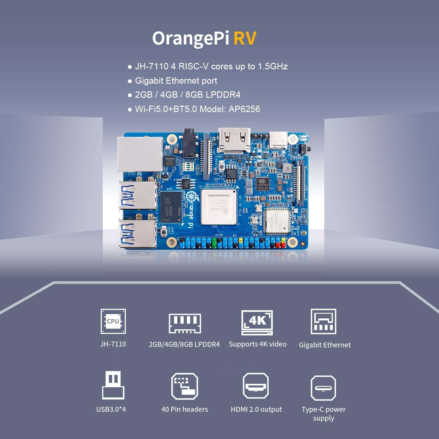 Orange Pi RV 2GB LPDDR4 RISC-V Single Board Computer with StarFive JH7100 4-Core 64-Bit Processor, Wi-Fi 5.0/Bluetooth 5.0, Development Board Run Linux/Debian (4GB+Power Supply) 4