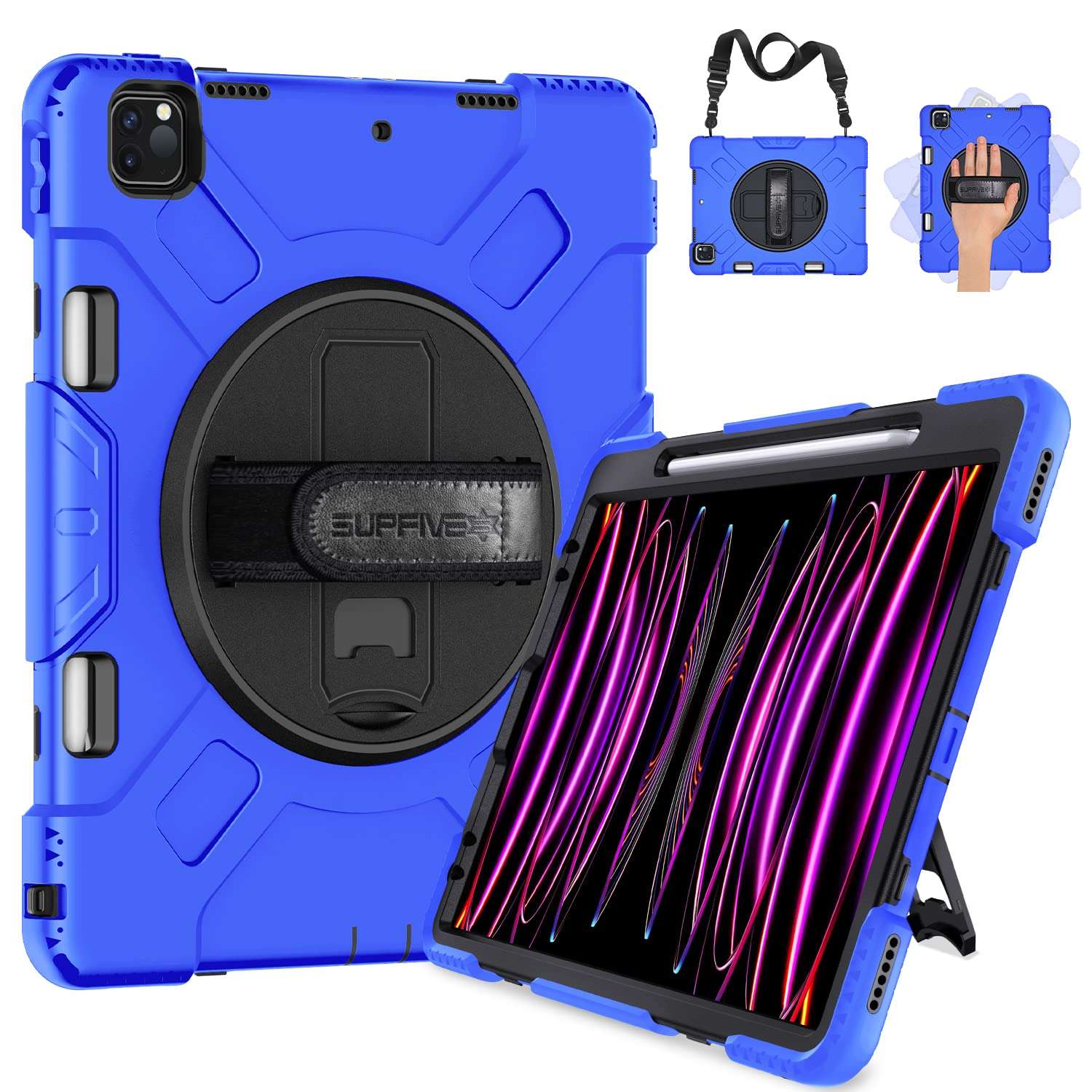 SUPFIVES Case for iPad Pro 12.9 2022 6th Generation: Upgraded Military Grade Shockproof Protective Silicone Cover for iPad 12.9 Inch 5th Gen 2021-Pencil Holder-Handle-Shoulder Strap-Kick Stand-Black 1