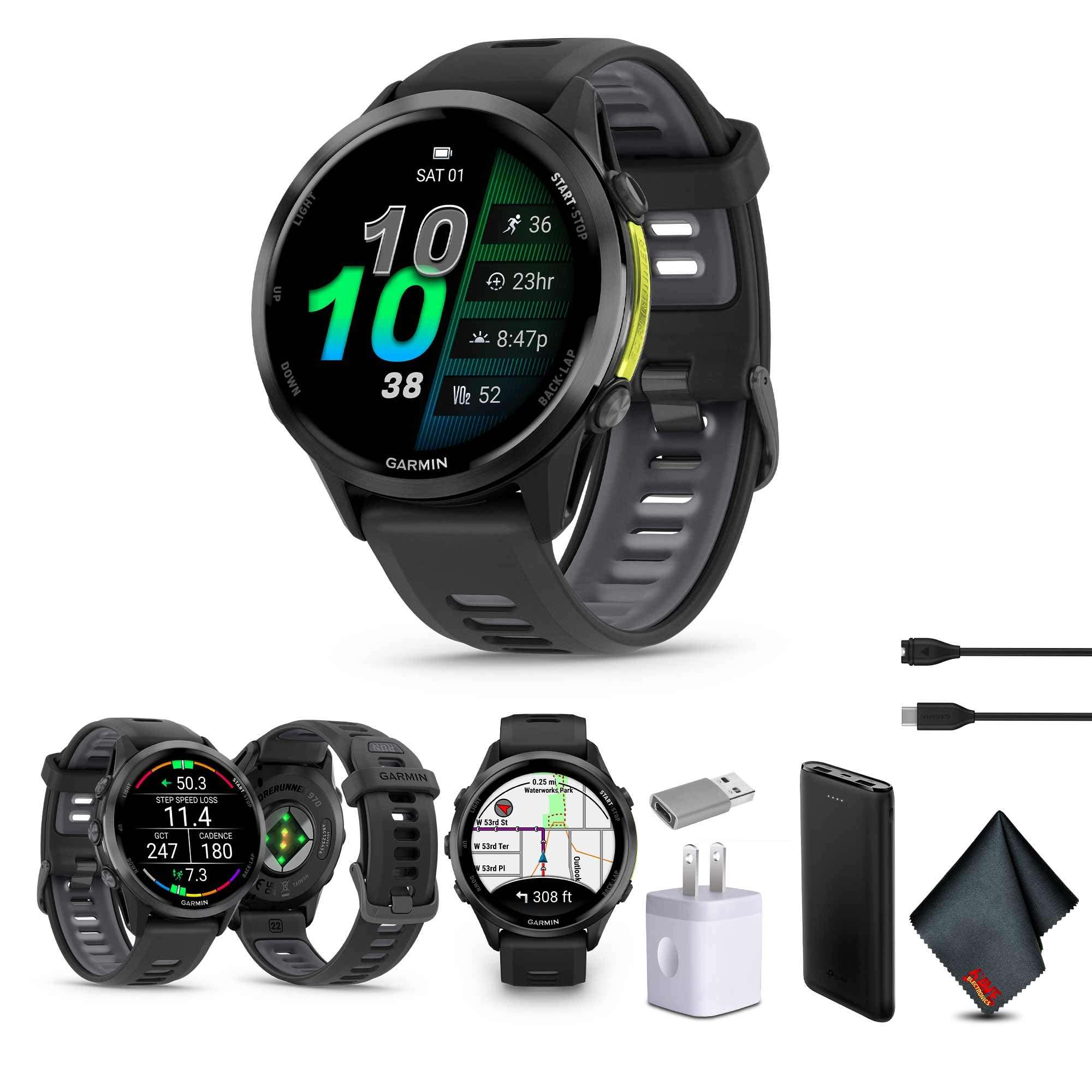 Garmin Forerunner 970 Running Smartwatch, GPS Fitness Smart Watch for Men and Women, Carbon Gray DLC Titanium with Black Case and Black/Translucent Whitestone Band​ Bundle with P-Bank + More 1