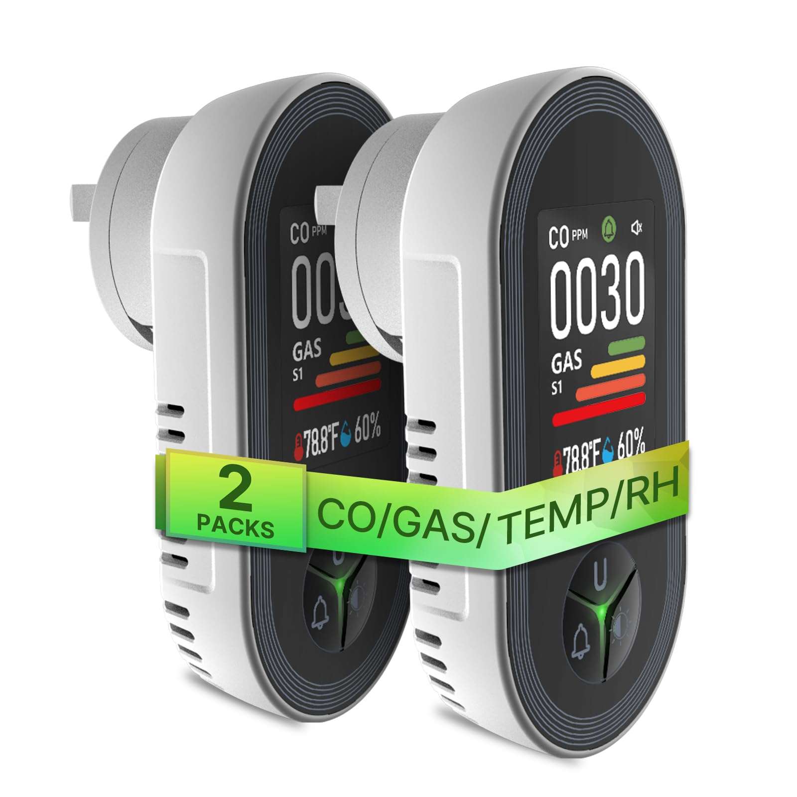 [2 Pack] MOES 4-in-1 Carbon Monoxide & Gas Detector Plug in, with Real-Time Temperature & Humidity Display, Alarm for Natural Gas, Propane 2