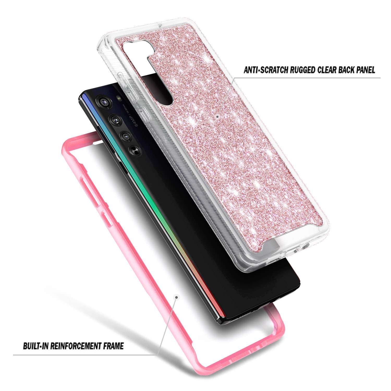 E-Began Motorola Moto Edge 5G Case, [Not Fit Motorola Edge+ Plus], Full-Body Shockproof Protective Bumper Cover, Support Wireless Charging, Impact Resist Durable Phone Case (Glitter Bling Rose Gold) 3