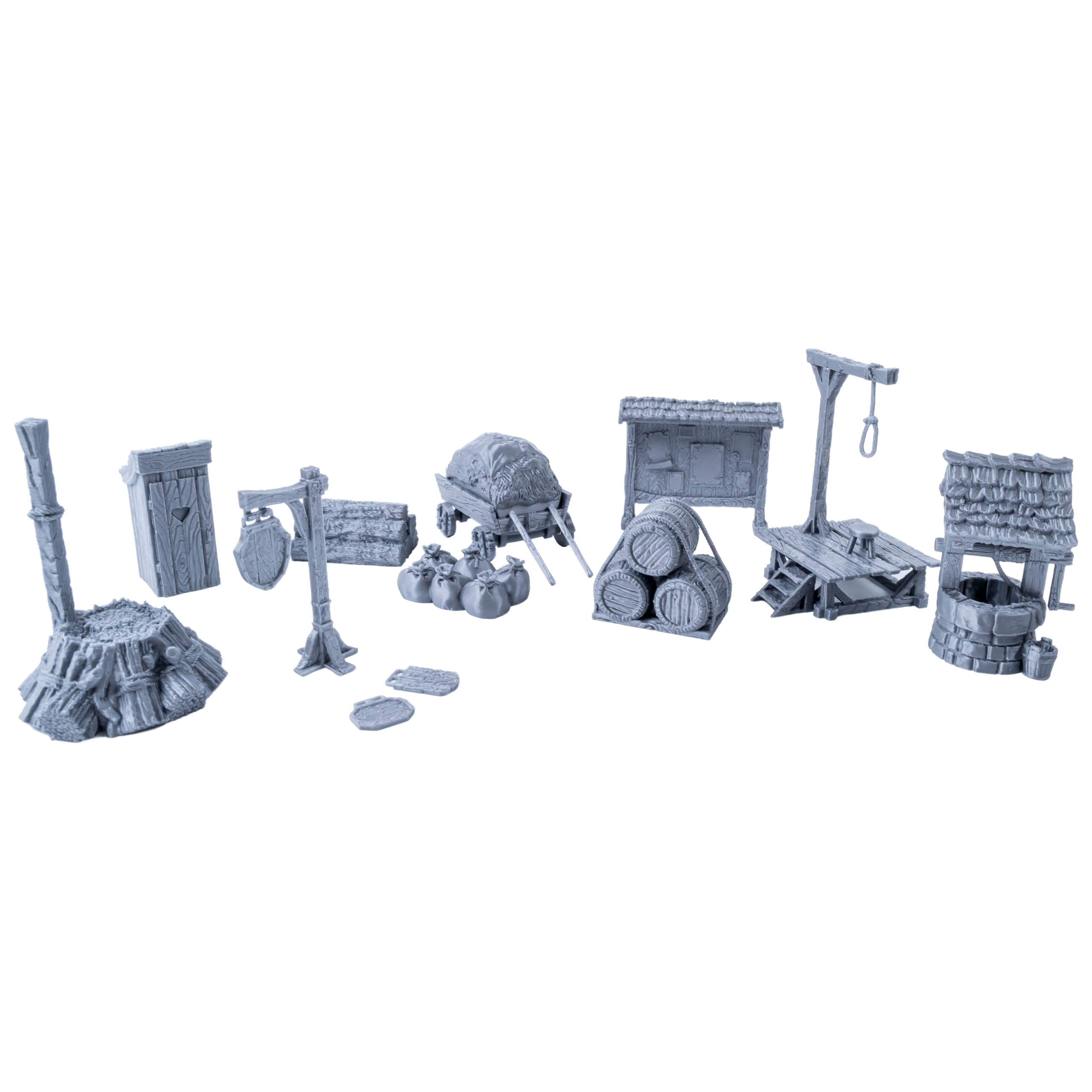 3D Vikings City Items Set – Comprehensive Terrain Accessories for Tabletop RPGs, Dungeons & Dragons, Warhammer – Includes Well, Toilet, Signs, Gallows, Newsboard, Cart, Wooden Stake – Unpainted 1