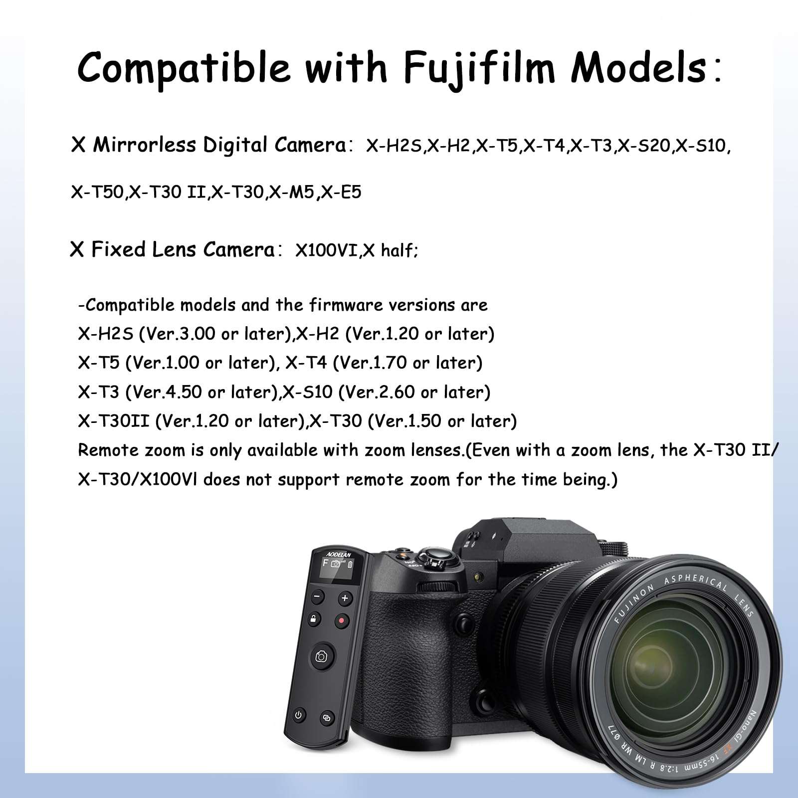 for Fujifilm Camera Rechargeable Shutter Release, AODELAN Wireless Remote Control Compatible with Fuji X-T30 II,X-S10,X-H2,X-H2S,X-T3,X-T4,X-T5,X-S20,X-T30,X-T50,X-M5,X100VI,X-E5,X Half 3